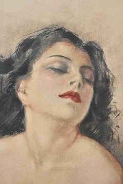 French Artist Yves Diey Pastel Orig. On Paper Woman With Shawl Nude Loves Dream