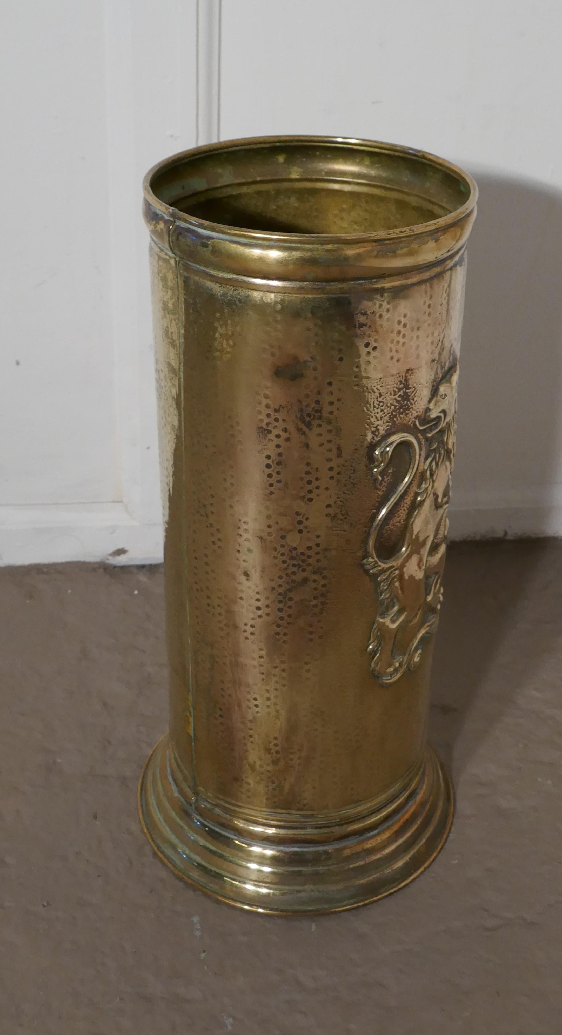 French Arts & Crafts Embossed Brass Stick Stand, Umbrella Stand In Good Condition In Chillerton, Isle of Wight