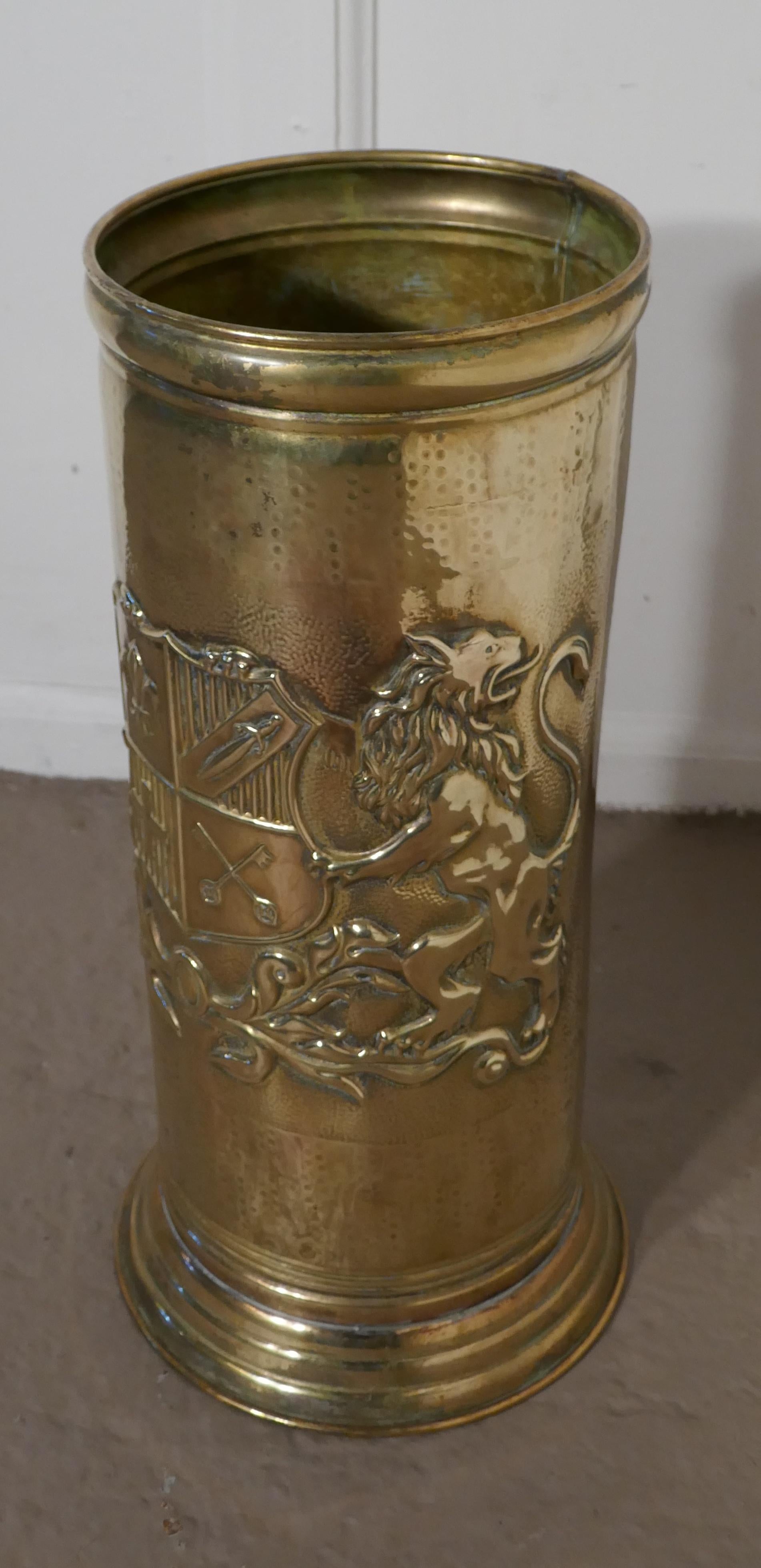 19th Century French Arts & Crafts Embossed Brass Stick Stand, Umbrella Stand