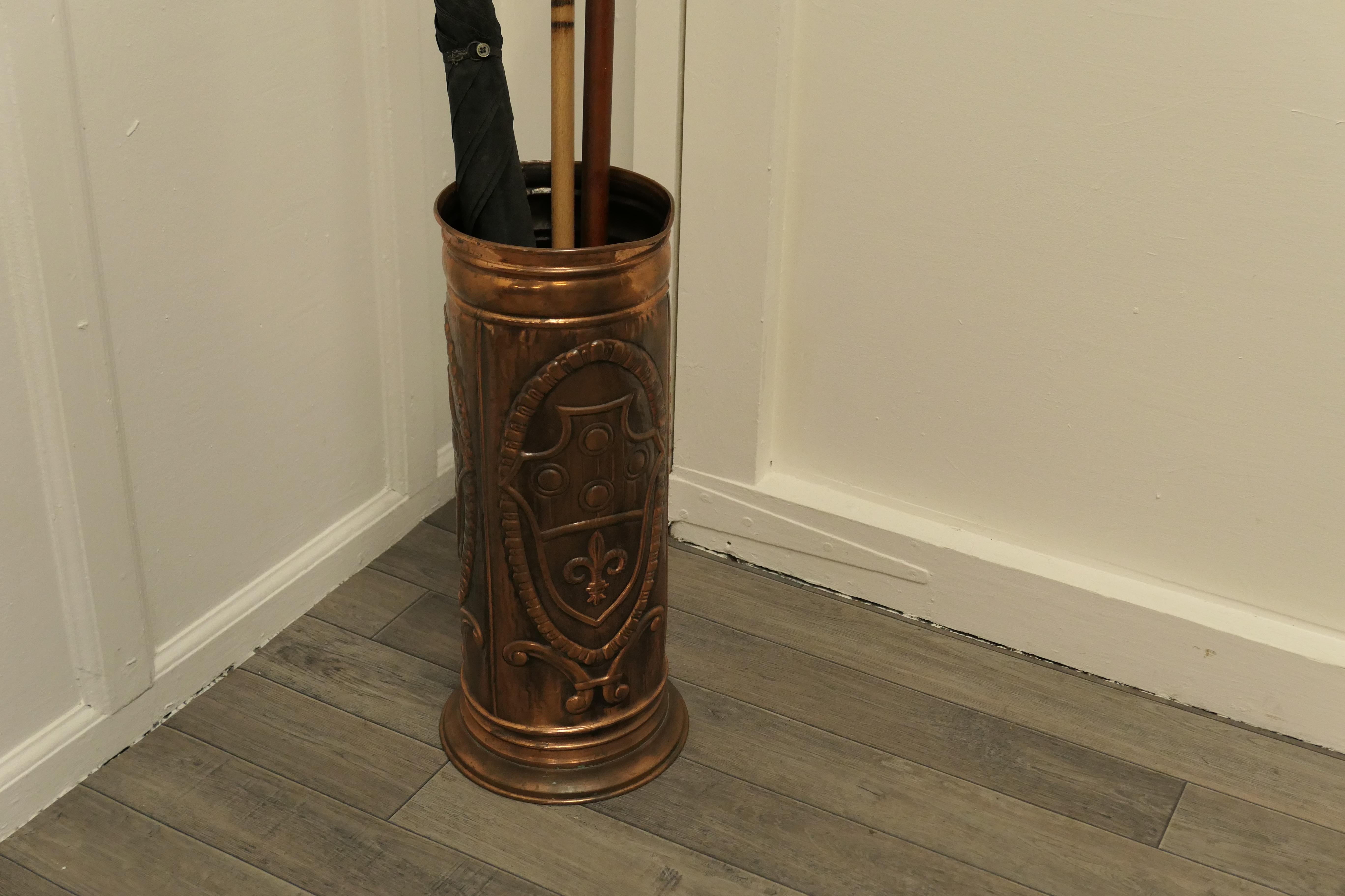 20th Century French Arts and Crafts Embossed Copper Stick Stand, Umbrella Stand