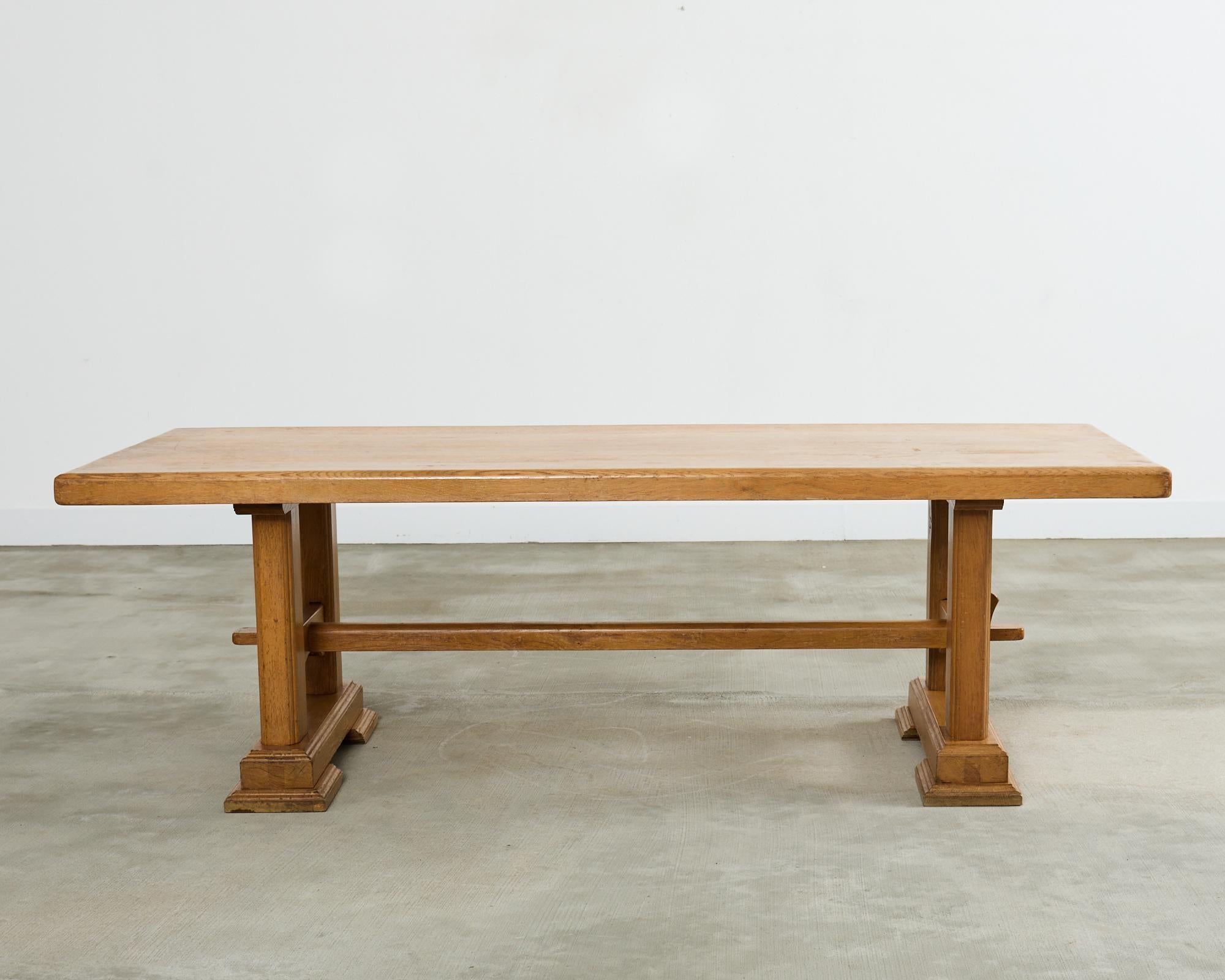 French Arts and Crafts Oak Farmhouse Trestle Dining Table In Good Condition In Rio Vista, CA