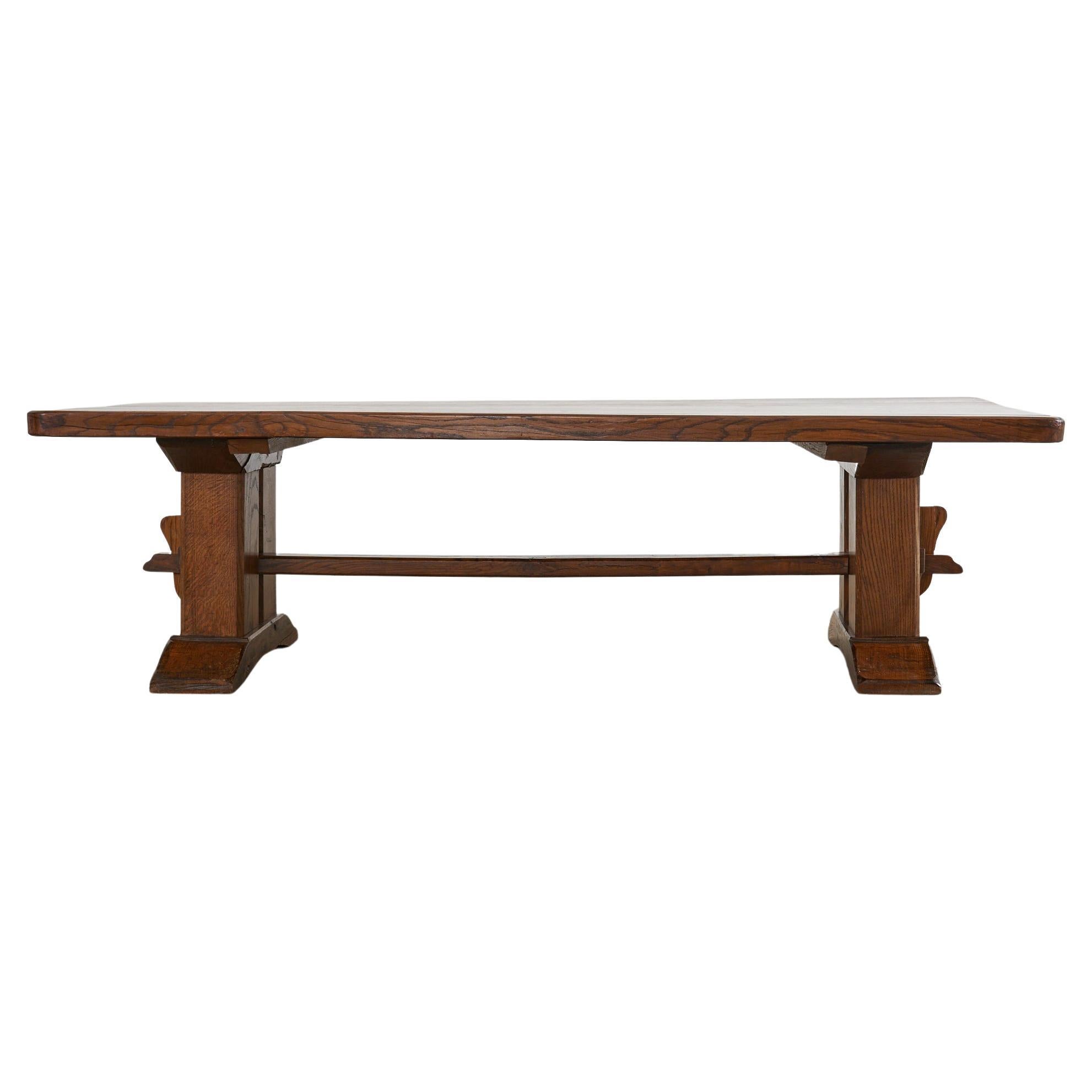 French Arts & Crafts Oak Farmhouse Trestle Dining Table For Sale