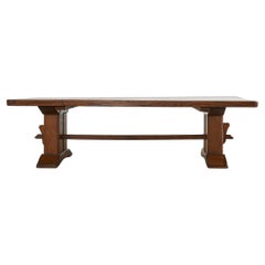 Vintage French Arts & Crafts Oak Farmhouse Trestle Dining Table