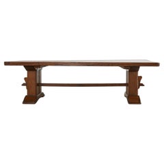 French Arts & Crafts Oak Farmhouse Trestle Dining Table