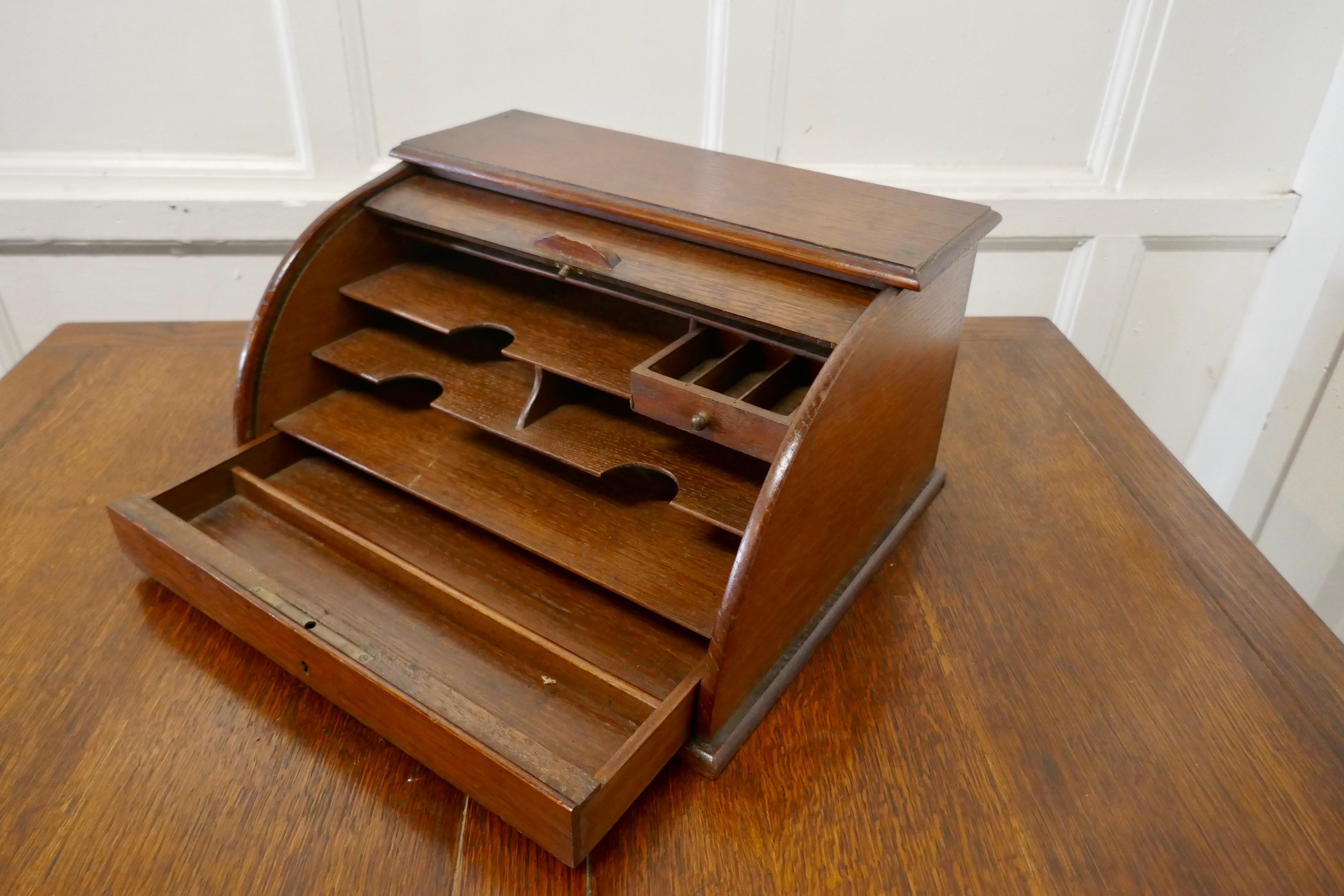 19th Century French Arts and Crafts Oak Stationary Box with Tambour For Sale