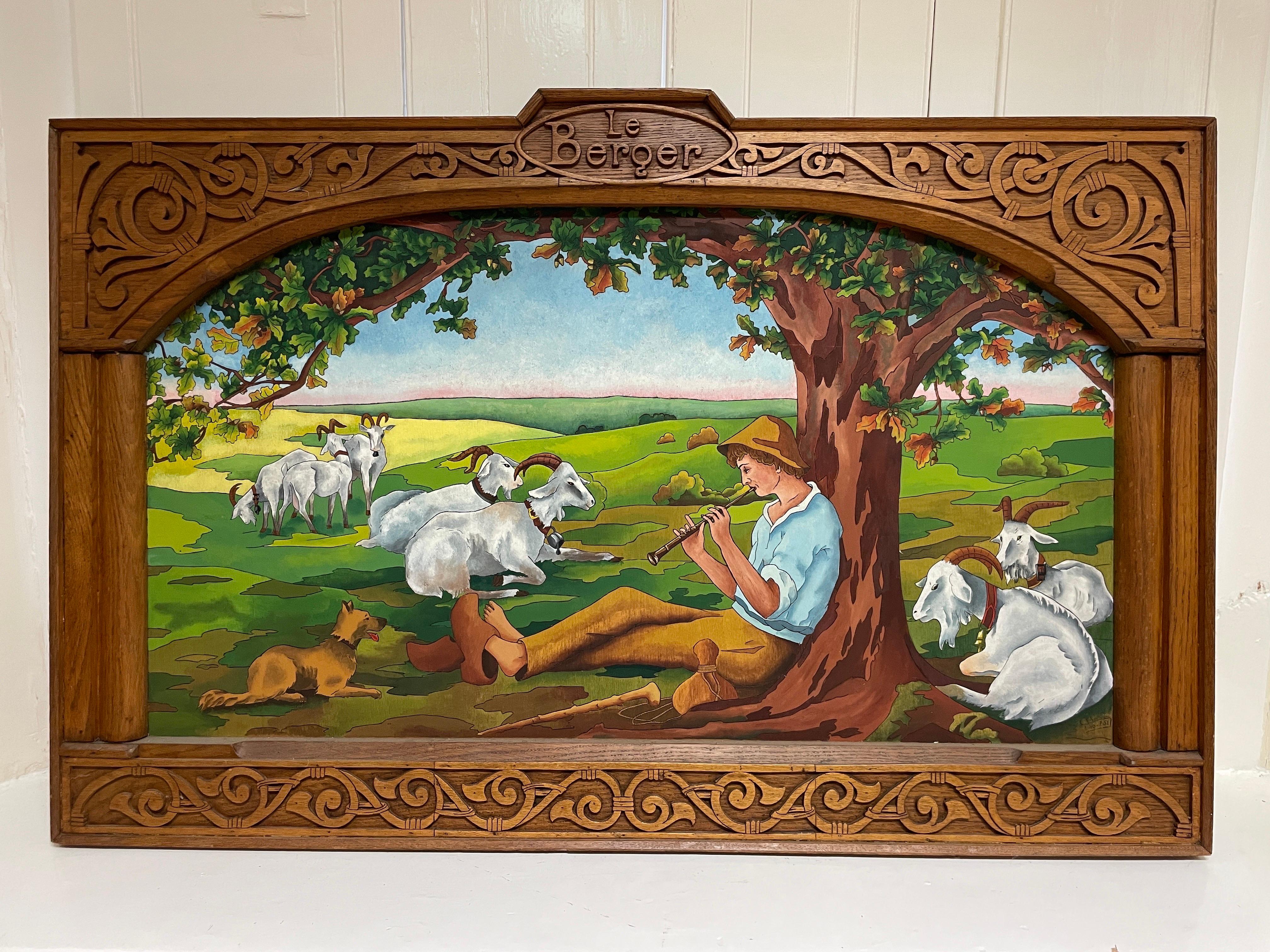 Huge French Arts & Crafts Painting Shepherd & Flock in Landscape, Ornate Frame