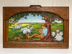 Retro Huge French Arts & Crafts Painting Shepherd & Flock in Landscape, Ornate Frame