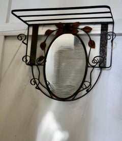 French Arts and Crafts Toleware Iron Hat and Coat Rack with Shelf & Mirror