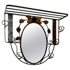 French Arts and Crafts Toleware Iron Hat and Coat Rack with Shelf & Mirror