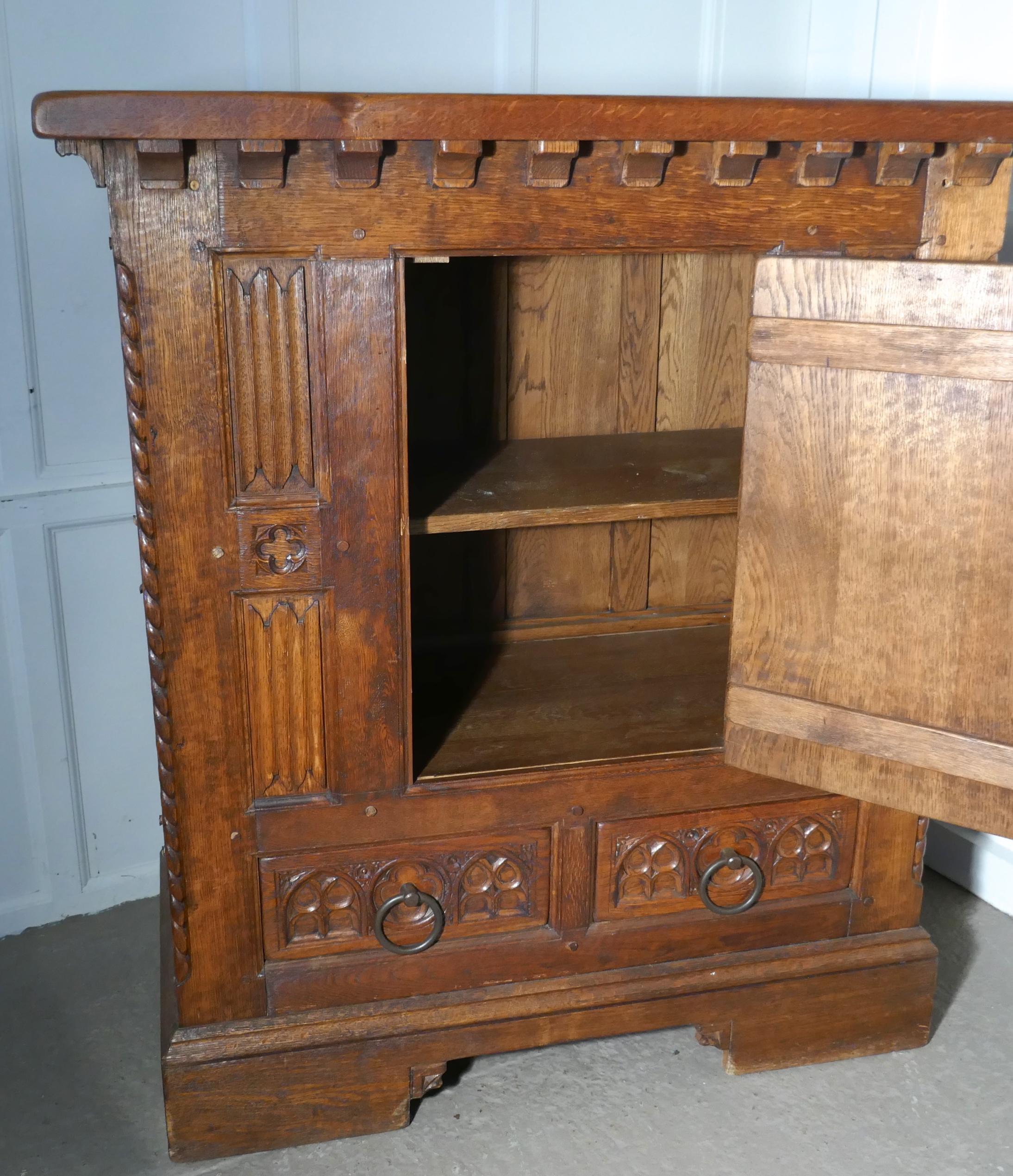 Arts and Crafts French Arts & Crafts Gothic Carved Golden Oak Cupboard
