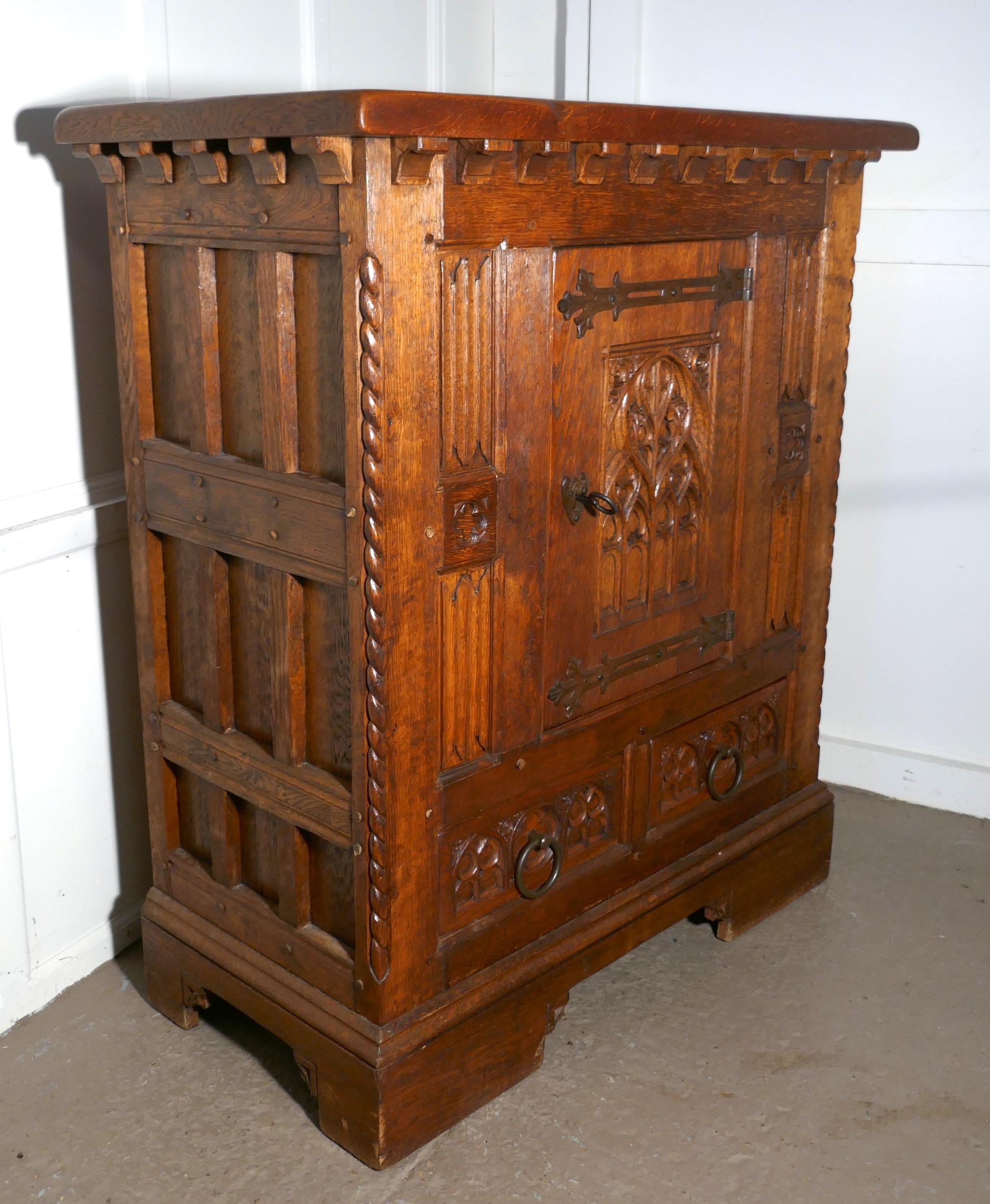 20th Century French Arts & Crafts Gothic Carved Golden Oak Cupboard