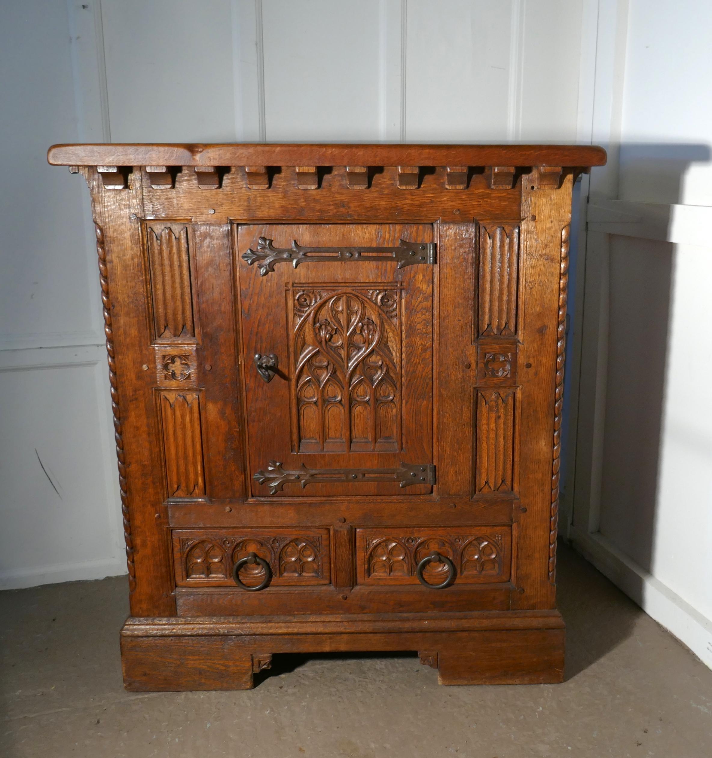 French Arts & Crafts Gothic Carved Golden Oak Cupboard 3