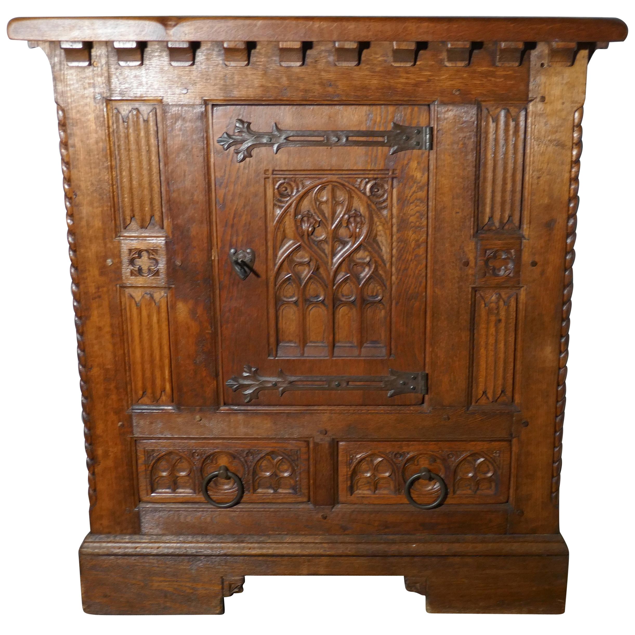 French Arts & Crafts Gothic Carved Golden Oak Cupboard