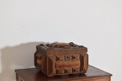 French Arts & Crafts Period Tramp Art Carved Walnut & Velvet Upholstered Box