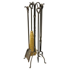 French Arts & Crafts Style Wrought Iron Twisted Scrolling Fireplace Tool Set