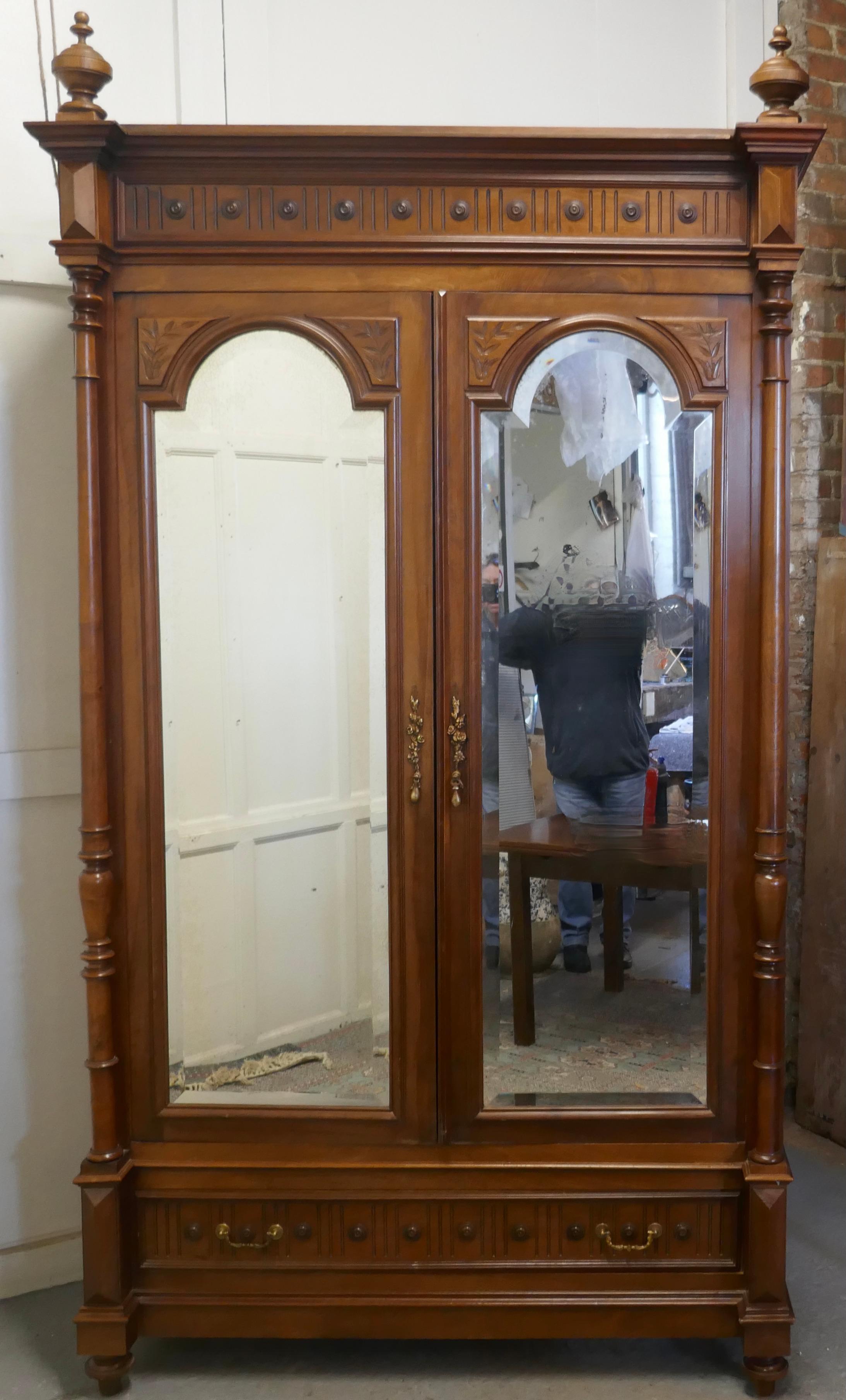 French Arts & Crafts Walnut Mirror Double Door Armoire For Sale 5