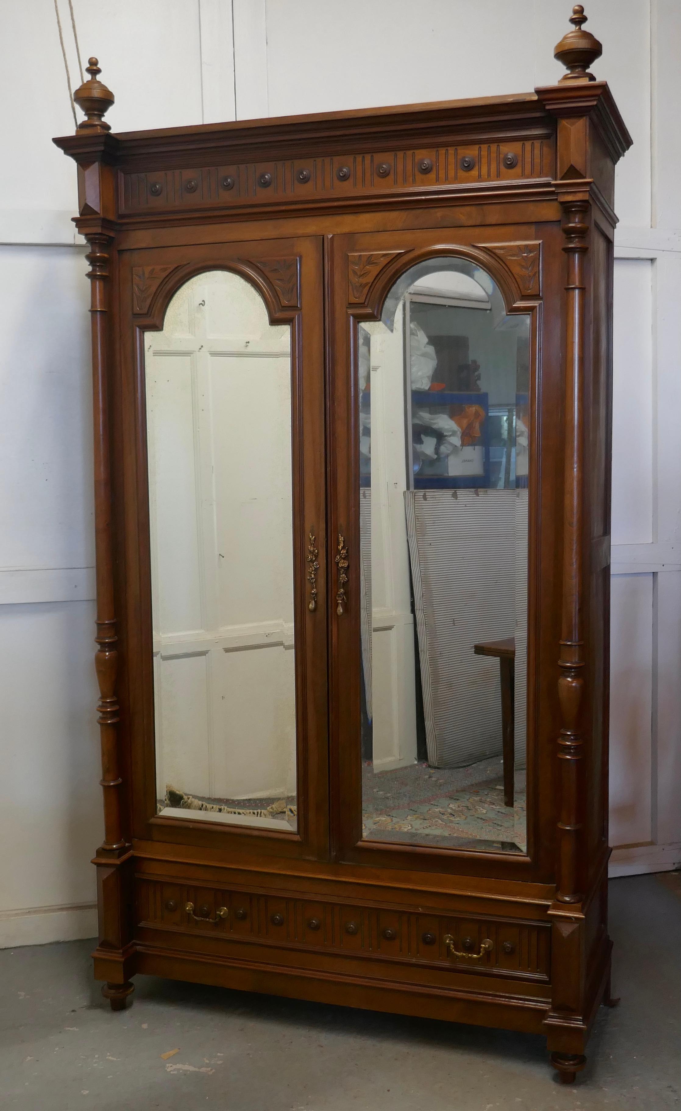 French Arts & Crafts Walnut Mirror Double Door Armoire For Sale 6