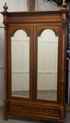 French Arts & Crafts Walnut Mirror Double Door Armoire