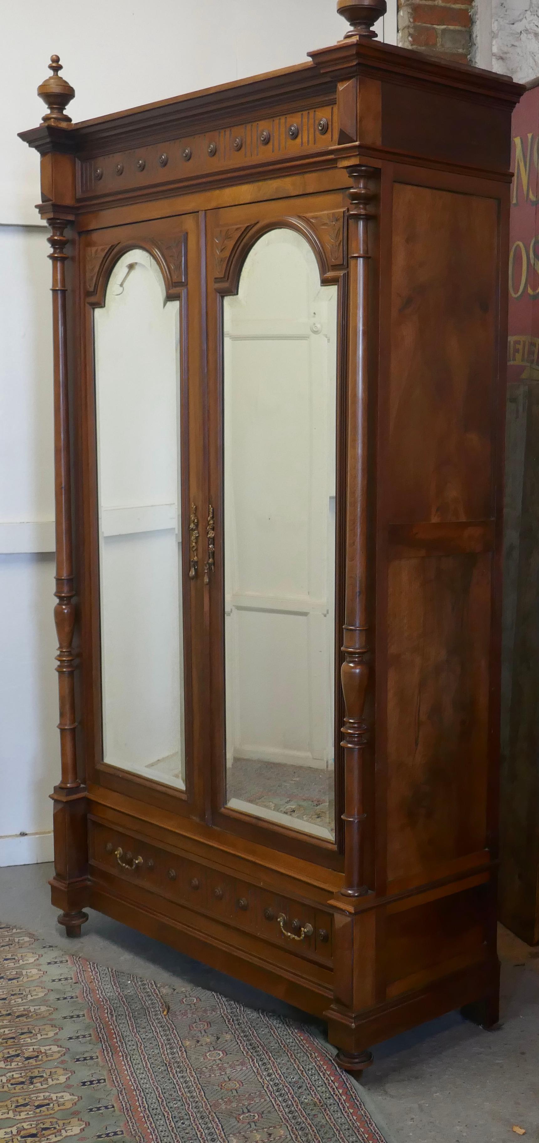 French Provincial French Arts & Crafts Walnut Mirror Double Door Armoire For Sale