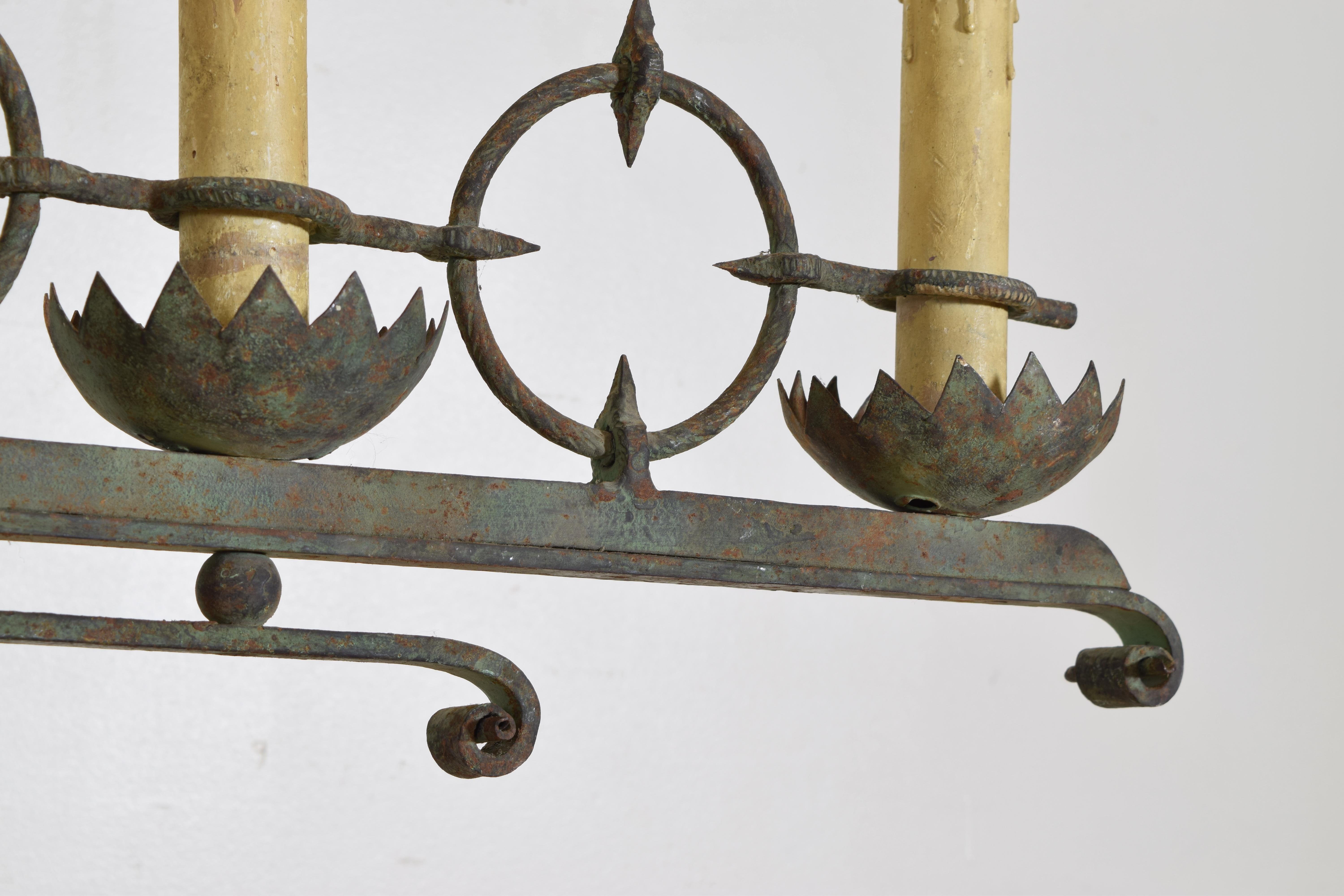 French Arts & Crafts Wrought Iron & Painted Iron 5-Light Chandelier, Early 20thc For Sale 5
