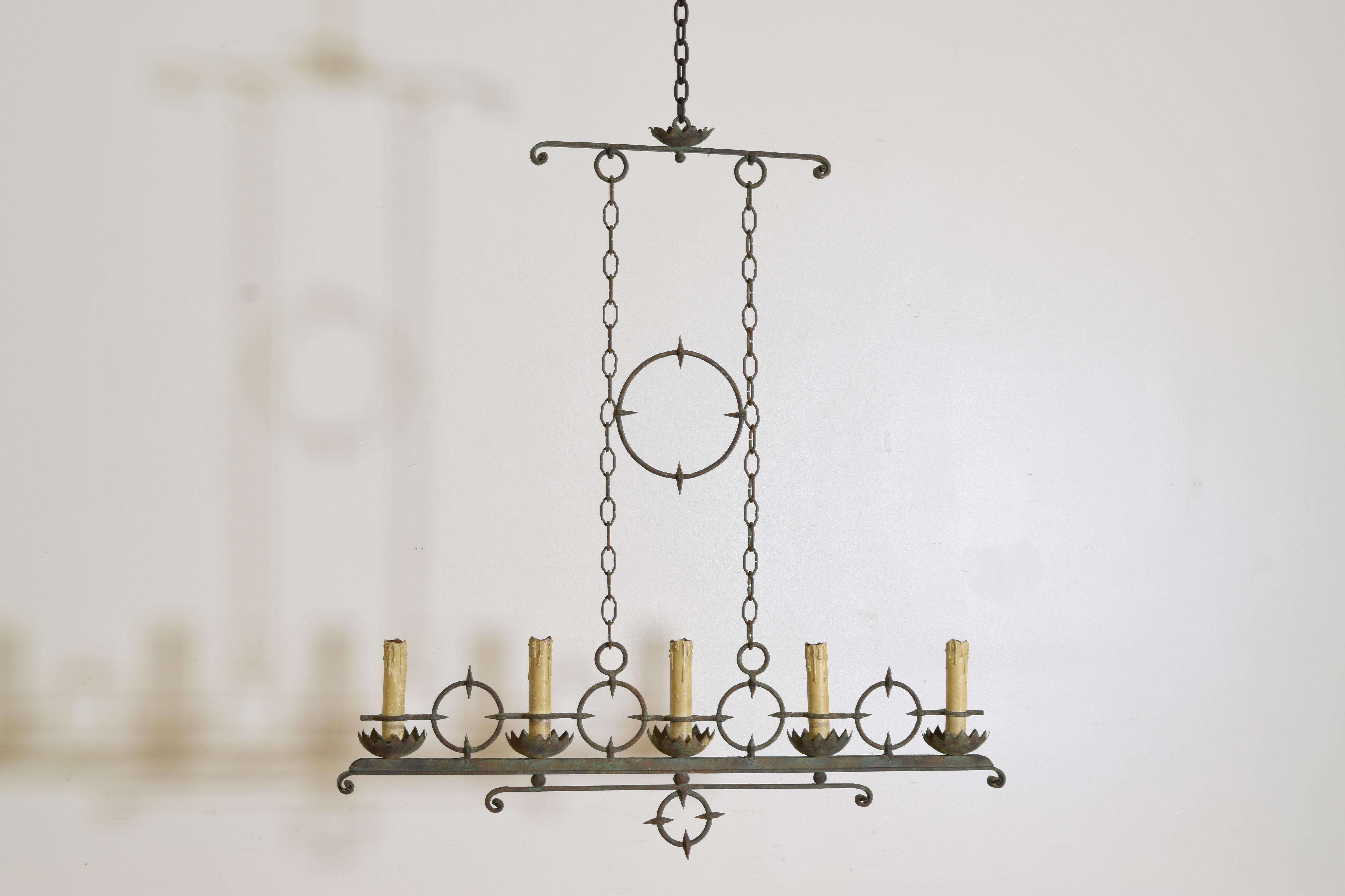 Arts and Crafts French Arts & Crafts Wrought Iron & Painted Iron 5-Light Chandelier, Early 20thc For Sale