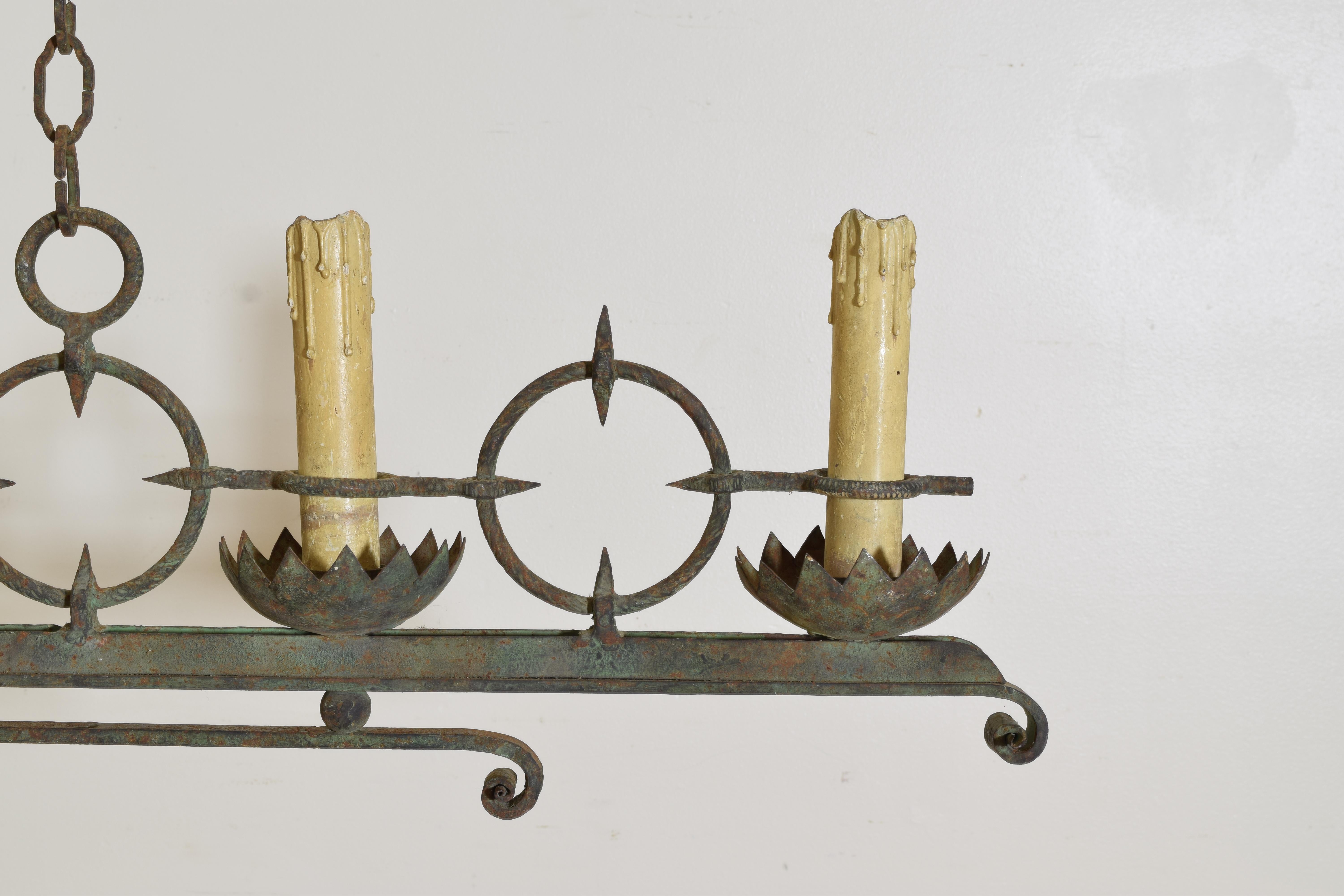French Arts & Crafts Wrought Iron & Painted Iron 5-Light Chandelier, Early 20thc For Sale 3