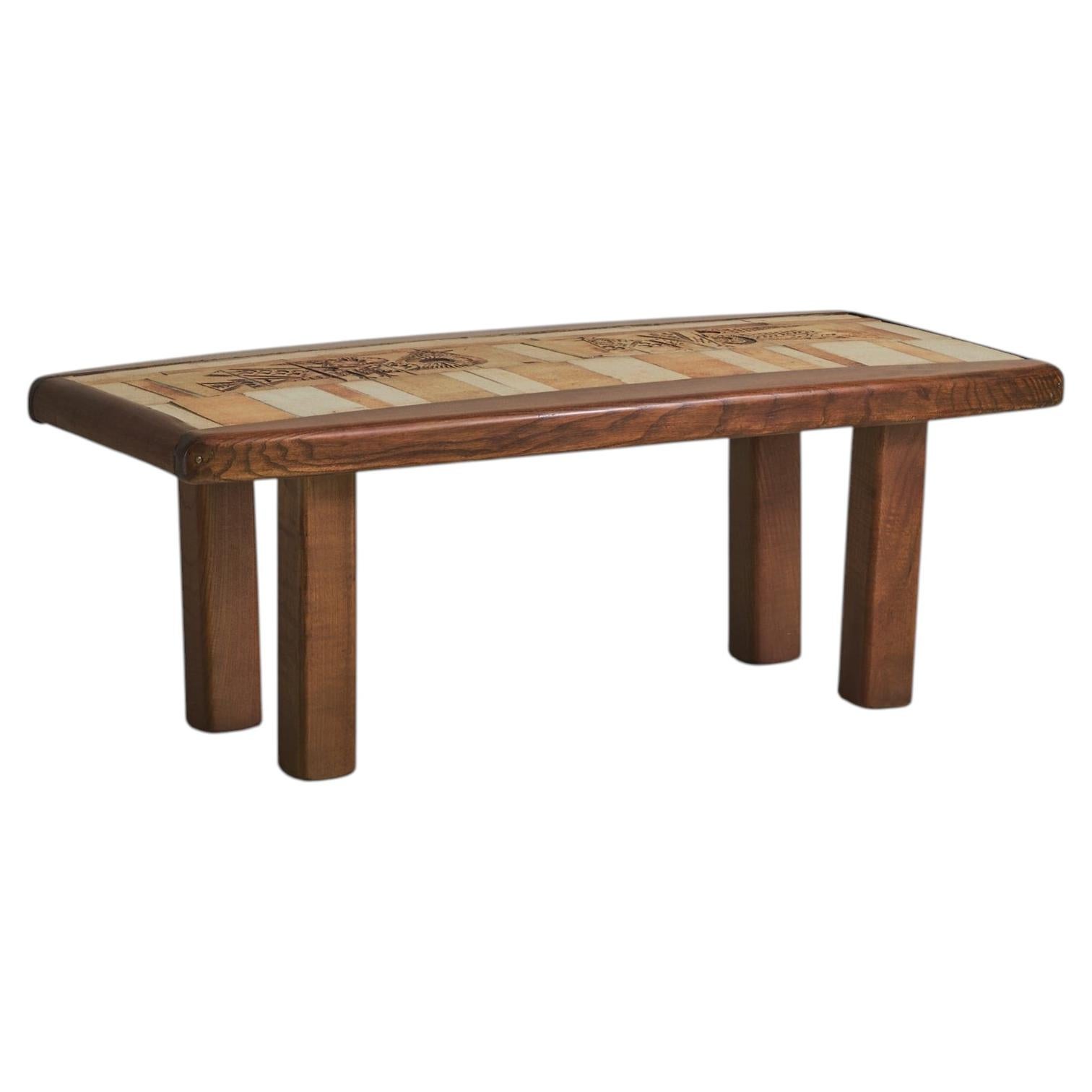 French Ash Wood + Ceramic Tile Coffee Table Bird Motif by Roger Capron, 1960s For Sale