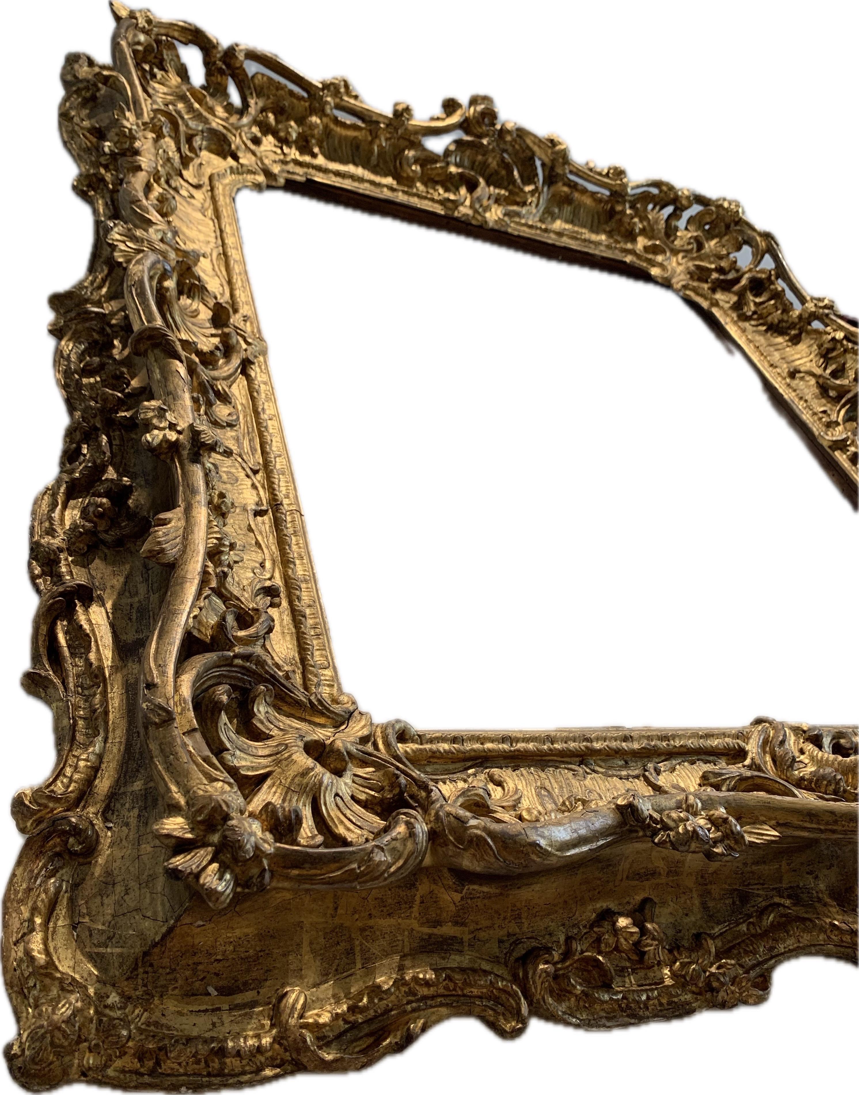Französisch Asymmetrisch 18. Jh. Rokokorahmen, geschnitztes und vergoldetes Holz, um 1735-40 im Angebot 9
