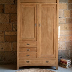 French Asymmetrical Armoire, Light Wood, Fitted Drawers, 1940s