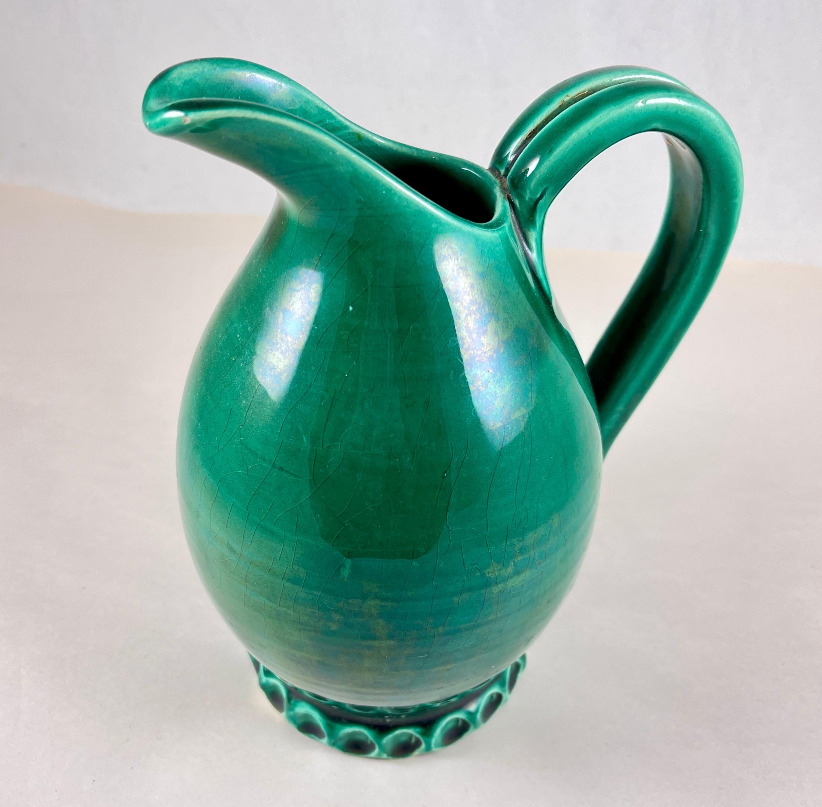French Atelier Cérenne à Vallauris Green Pottery Wine Jug, 1940s 3