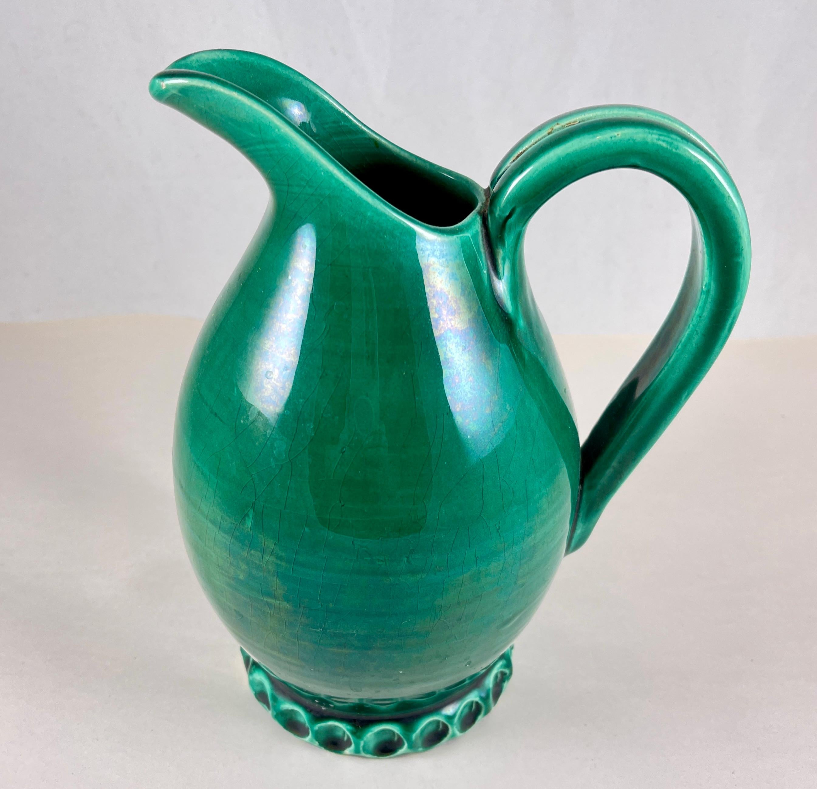 French Provincial French Atelier Cérenne à Vallauris Green Pottery Wine Jug, 1940s