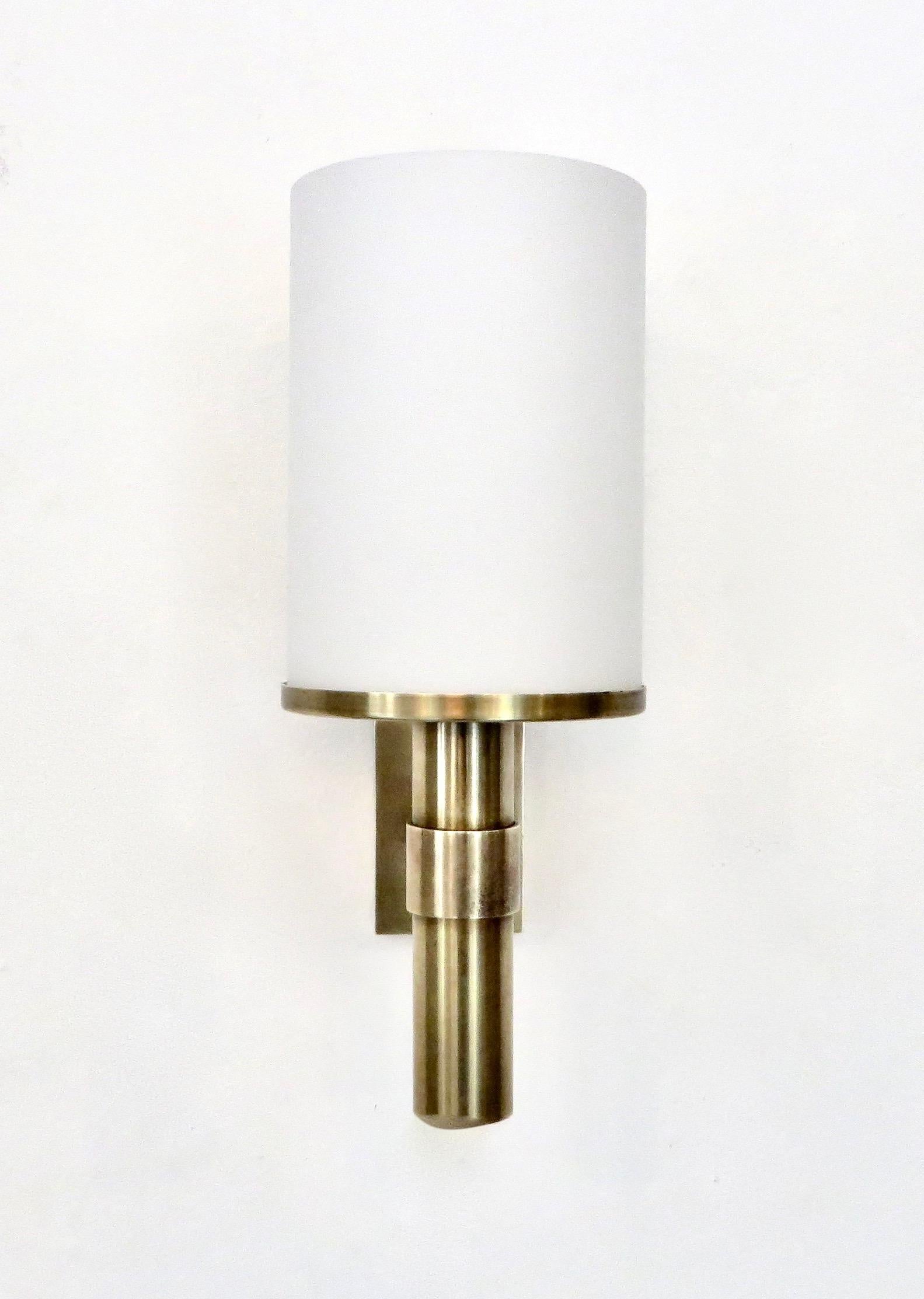 Art Deco French Atelier Jean Perzel Single Vintage Brass and Frosted Glass Wall Sconce