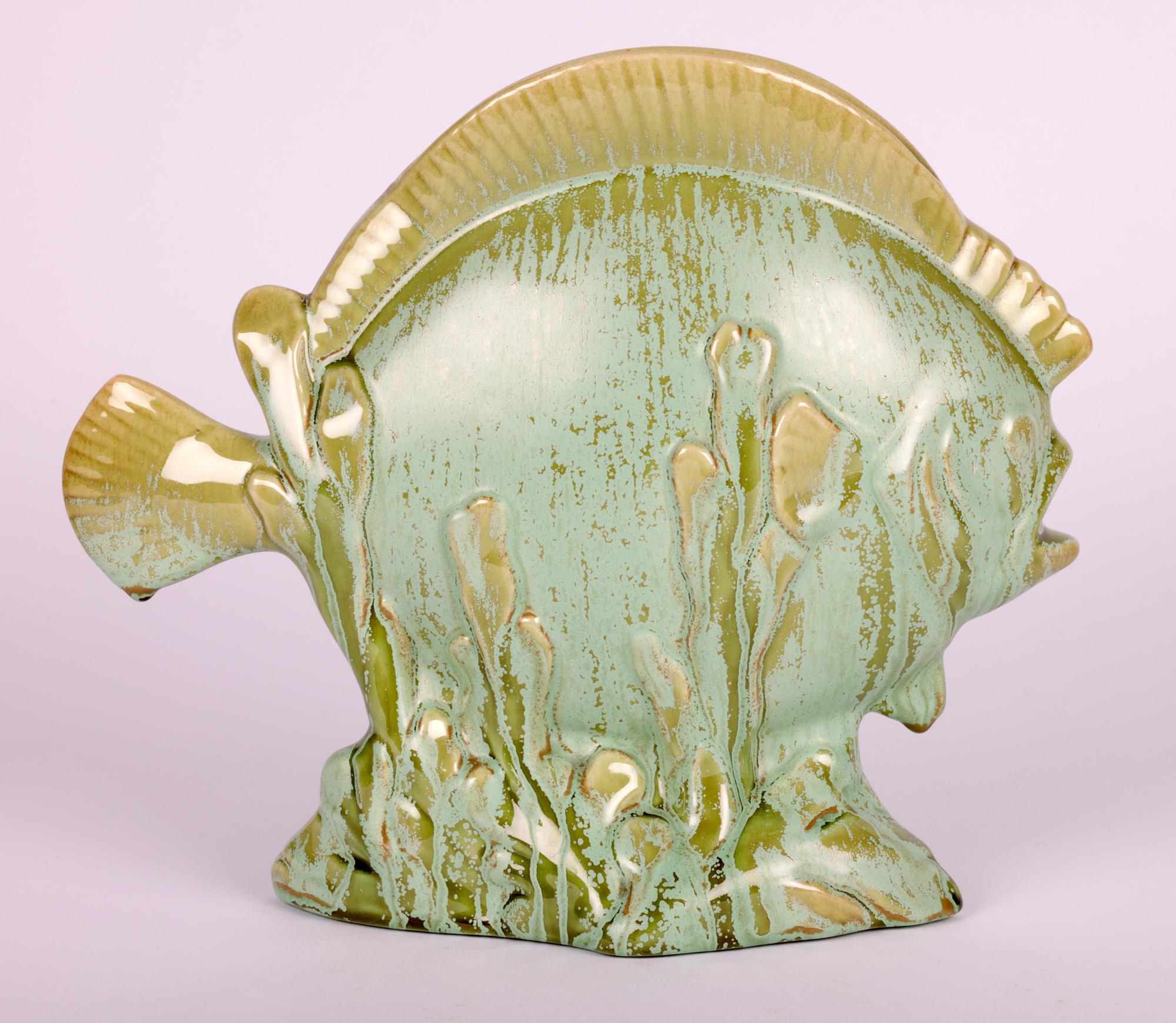 French Attributed Art Deco Mottled Lustre Glazed Pottery Fish Vase For Sale 4