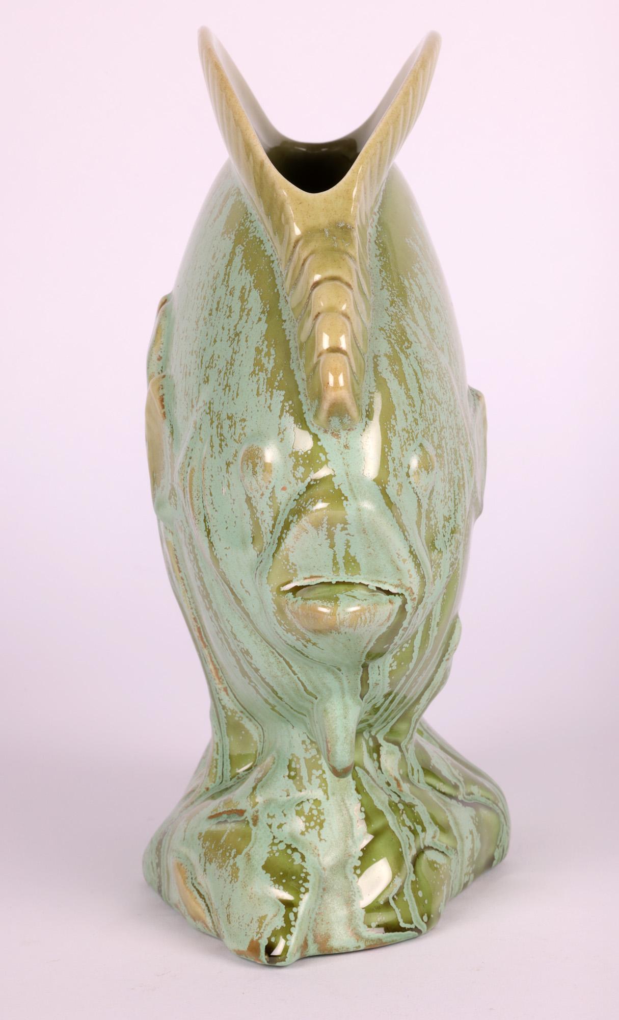 French Attributed Art Deco Mottled Lustre Glazed Pottery Fish Vase For Sale 7