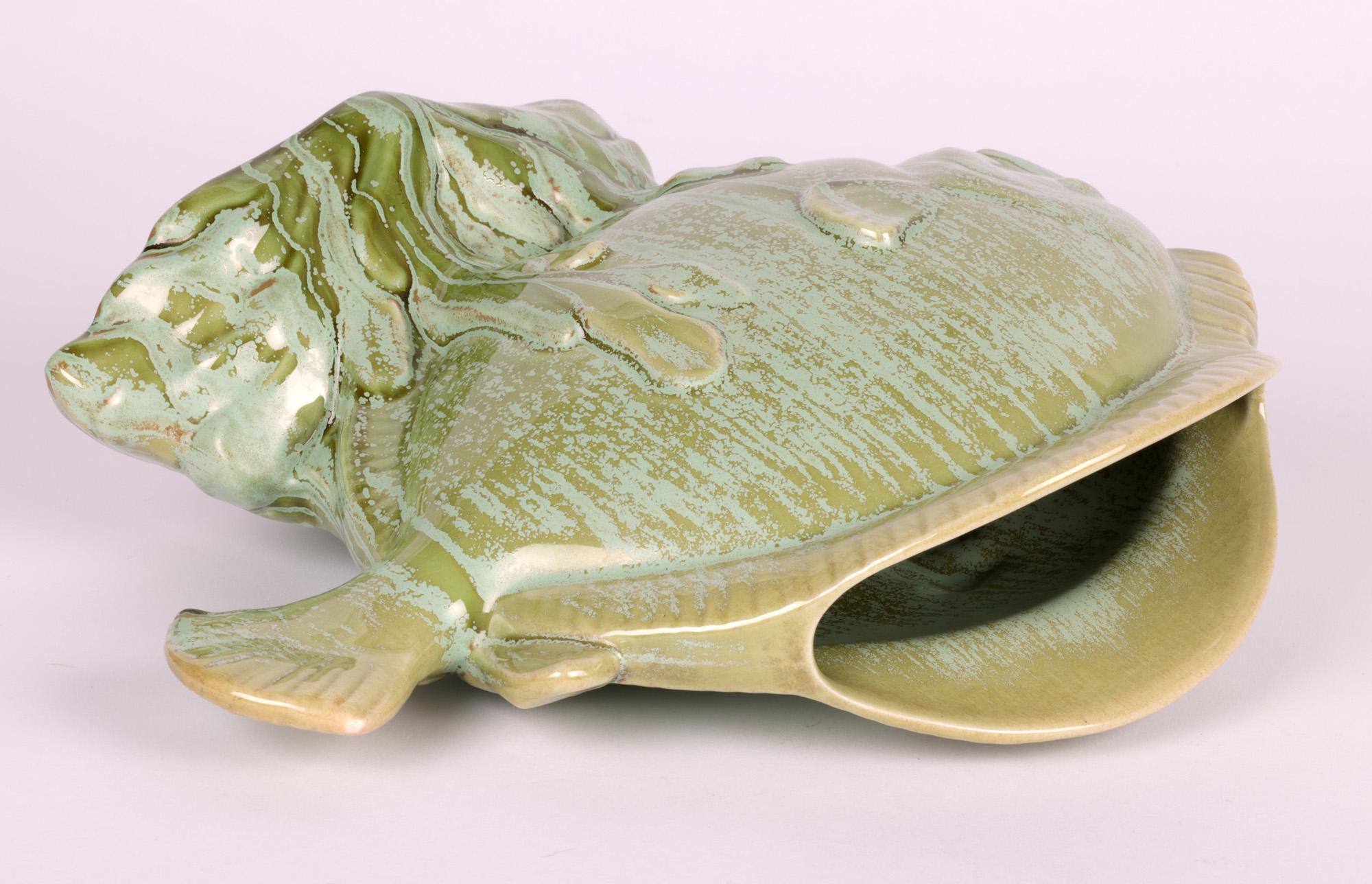 Earthenware French Attributed Art Deco Mottled Lustre Glazed Pottery Fish Vase For Sale