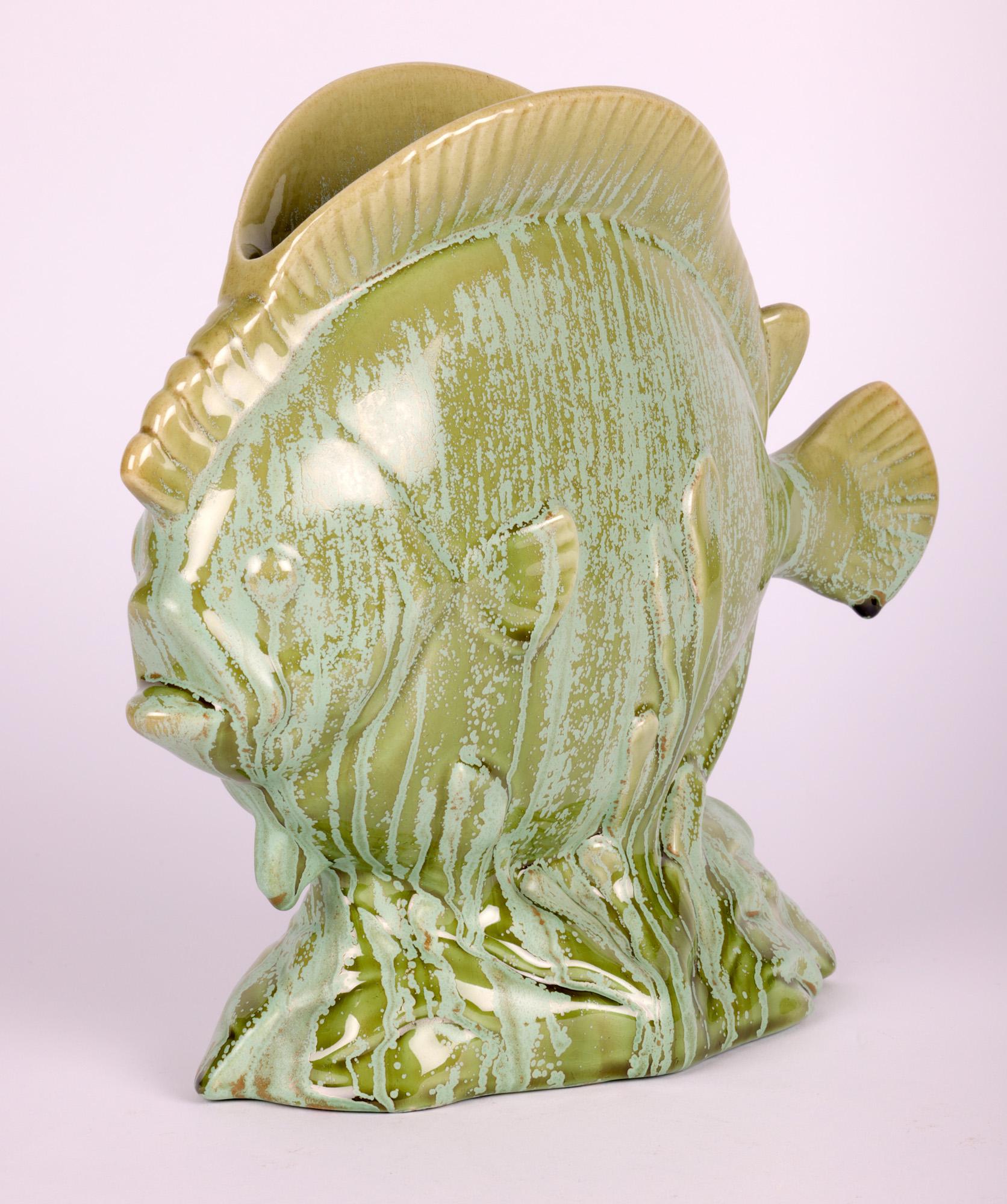 French Attributed Art Deco Mottled Lustre Glazed Pottery Fish Vase For Sale 1