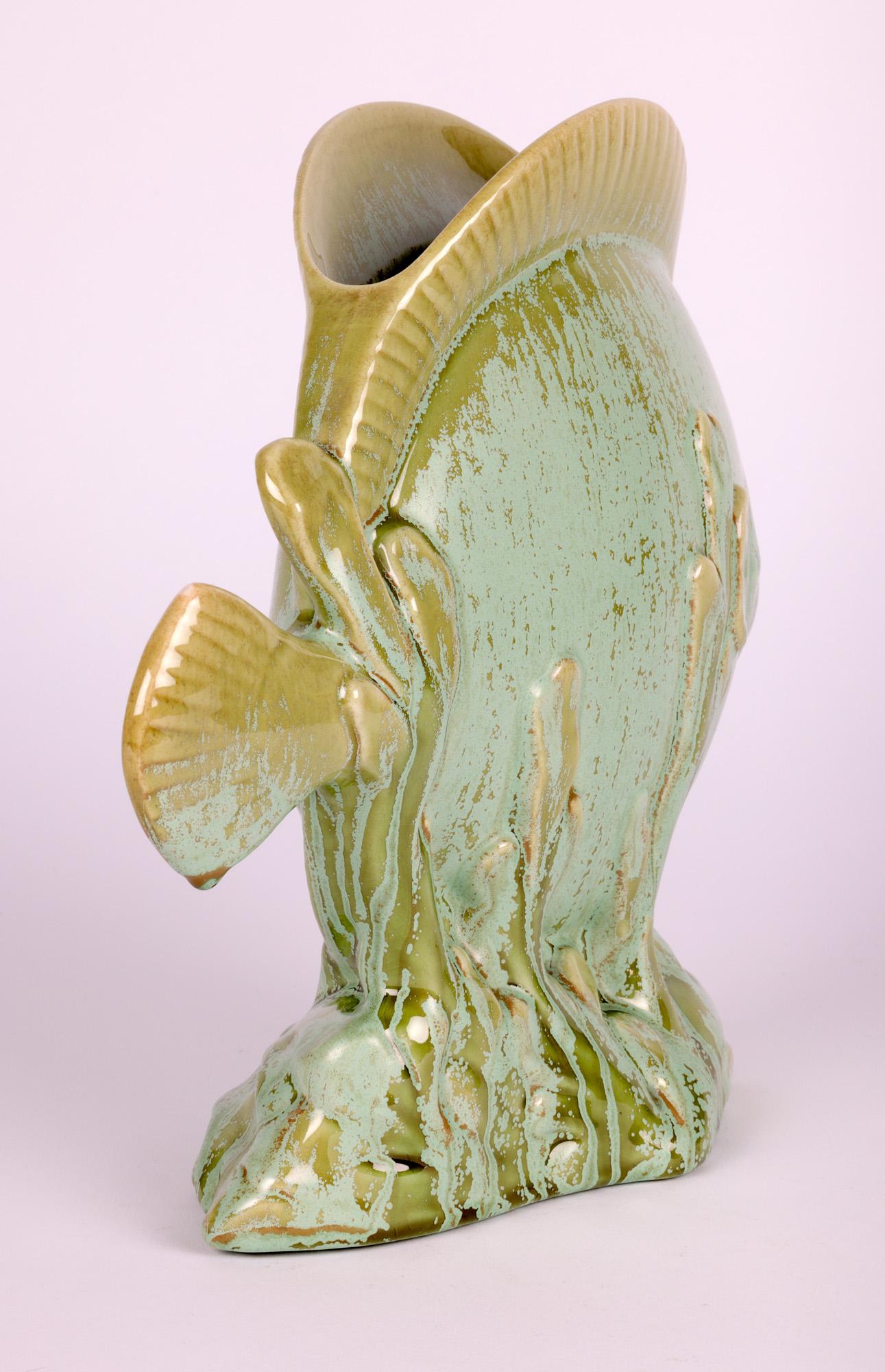 French Attributed Art Deco Mottled Lustre Glazed Pottery Fish Vase For Sale 3