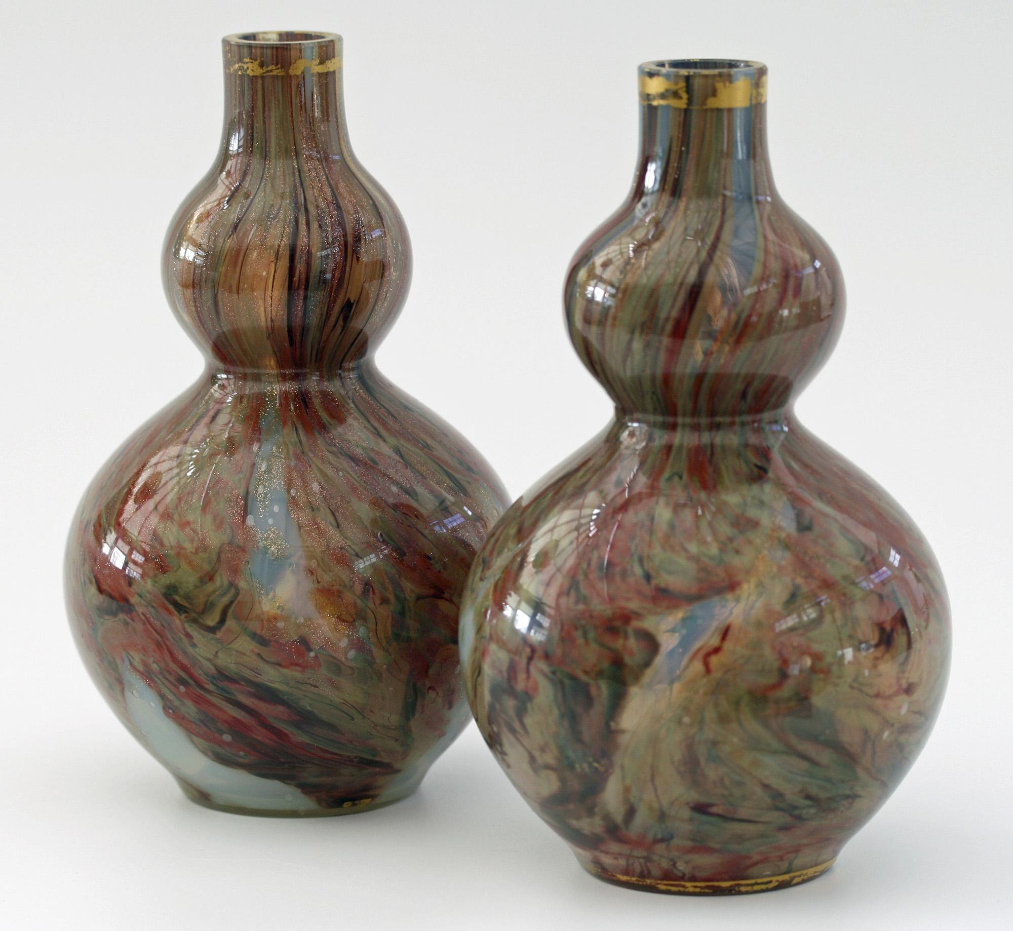 Hand-Crafted French Attributed Unusual Pair of Double Gourd Art Glass Vases, 19th Century For Sale