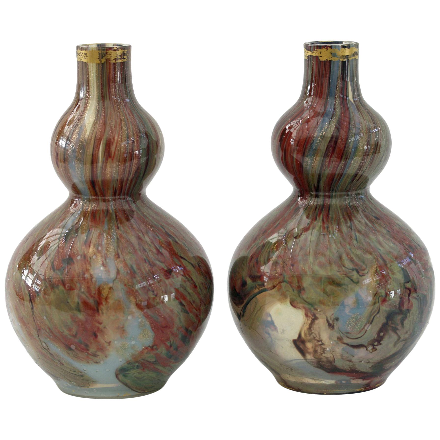 French Attributed Unusual Pair of Double Gourd Art Glass Vases, 19th Century