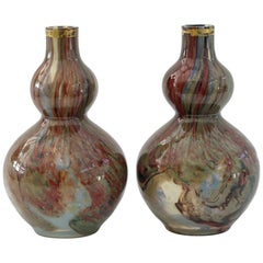 Antique French Attributed Unusual Pair of Double Gourd Art Glass Vases, 19th Century