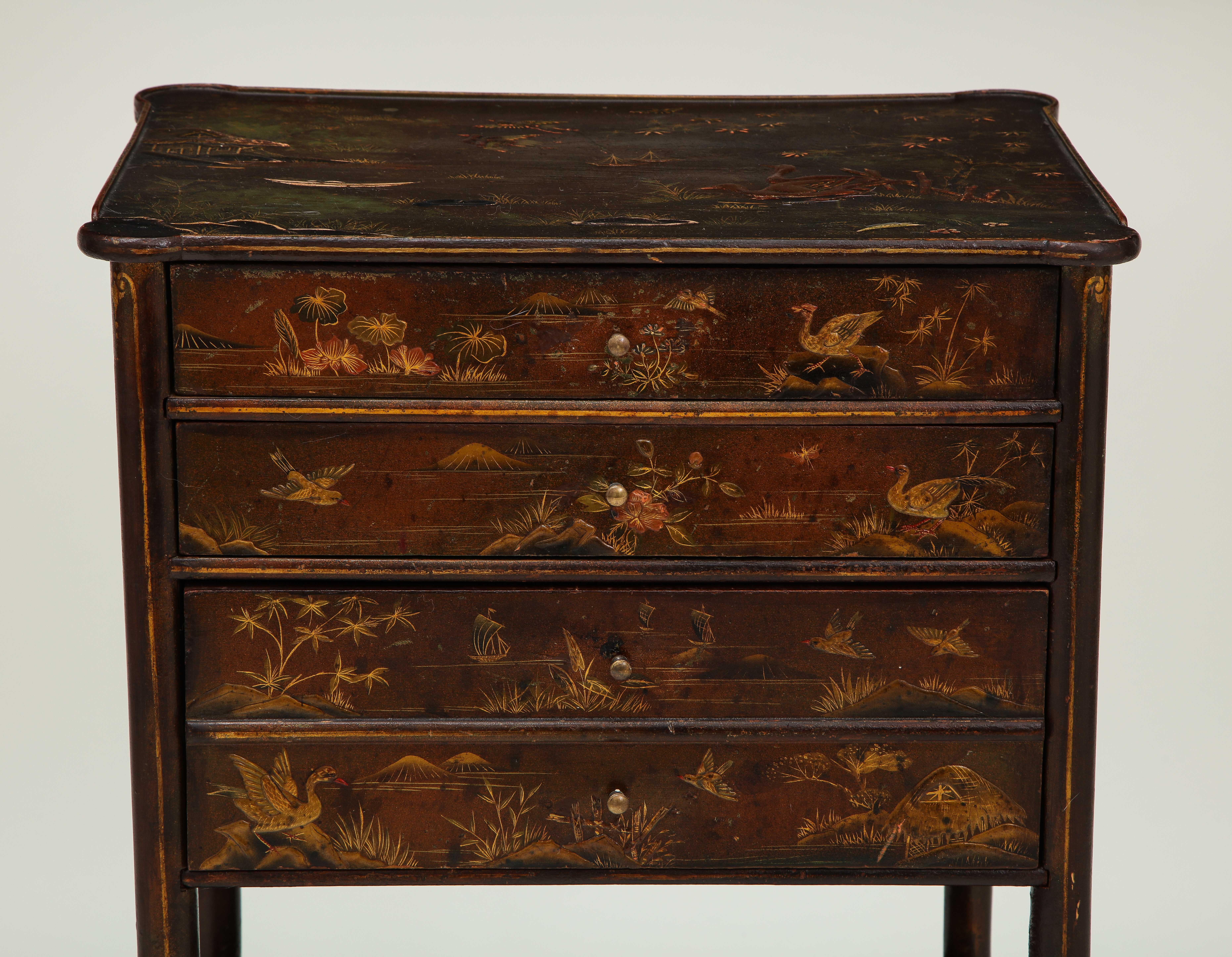 With four drawers above a medial shelf, curved legs, decorated on all sides with exotic birds, old French printed paper label ‘[Maison de L'Escalier de Cristal]/Pannier-Lahoche & Cie, 1, Rue Auber & Rue Scribe, 6 [En face e Grand Opera]’

Escalier