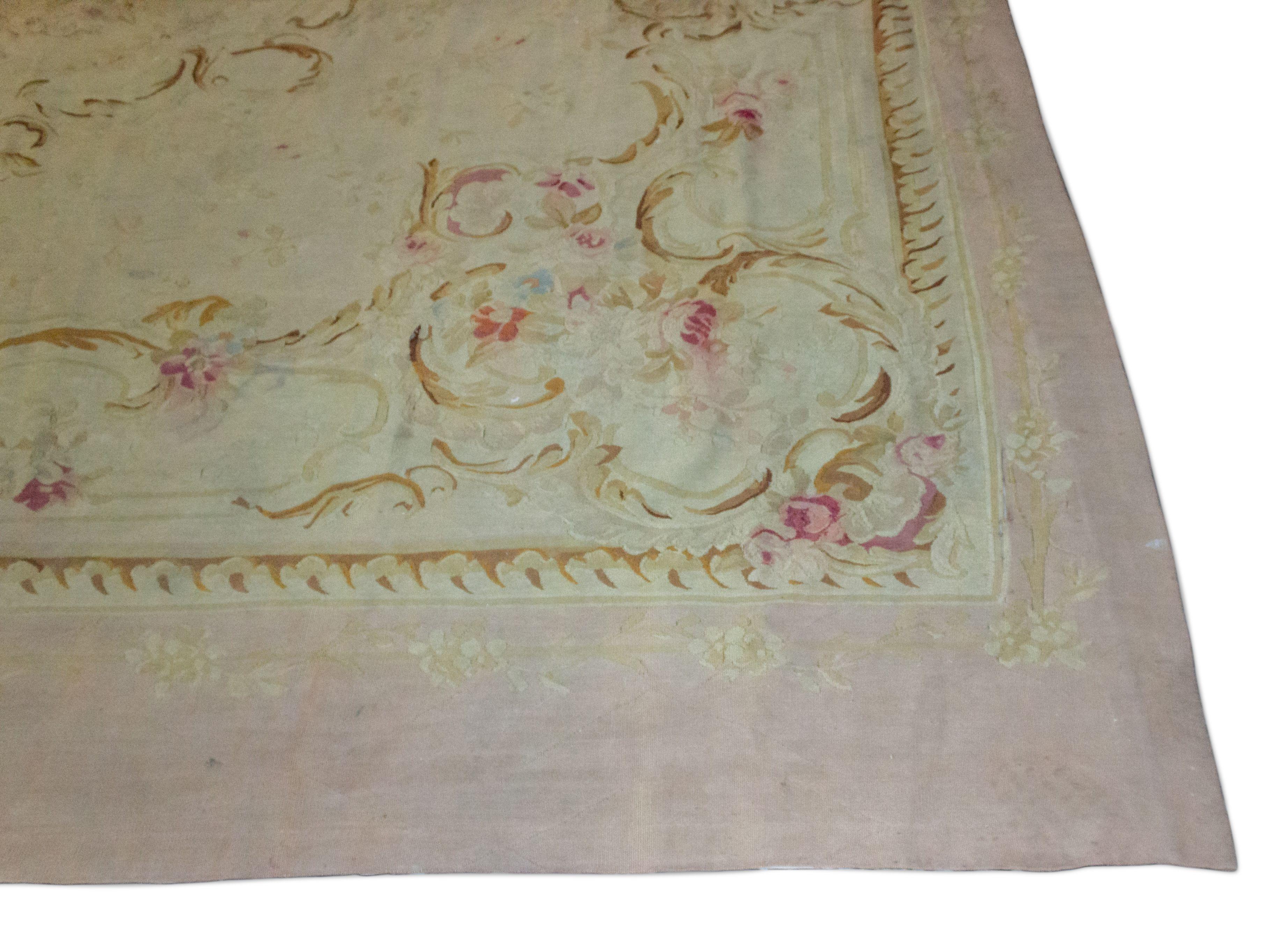 Victorian French Aubusson Beige Floral Rug