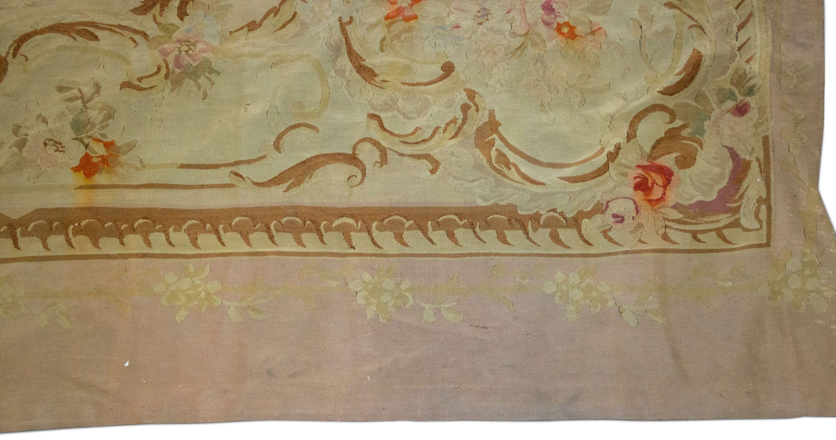 19th Century French Aubusson Beige Floral Rug