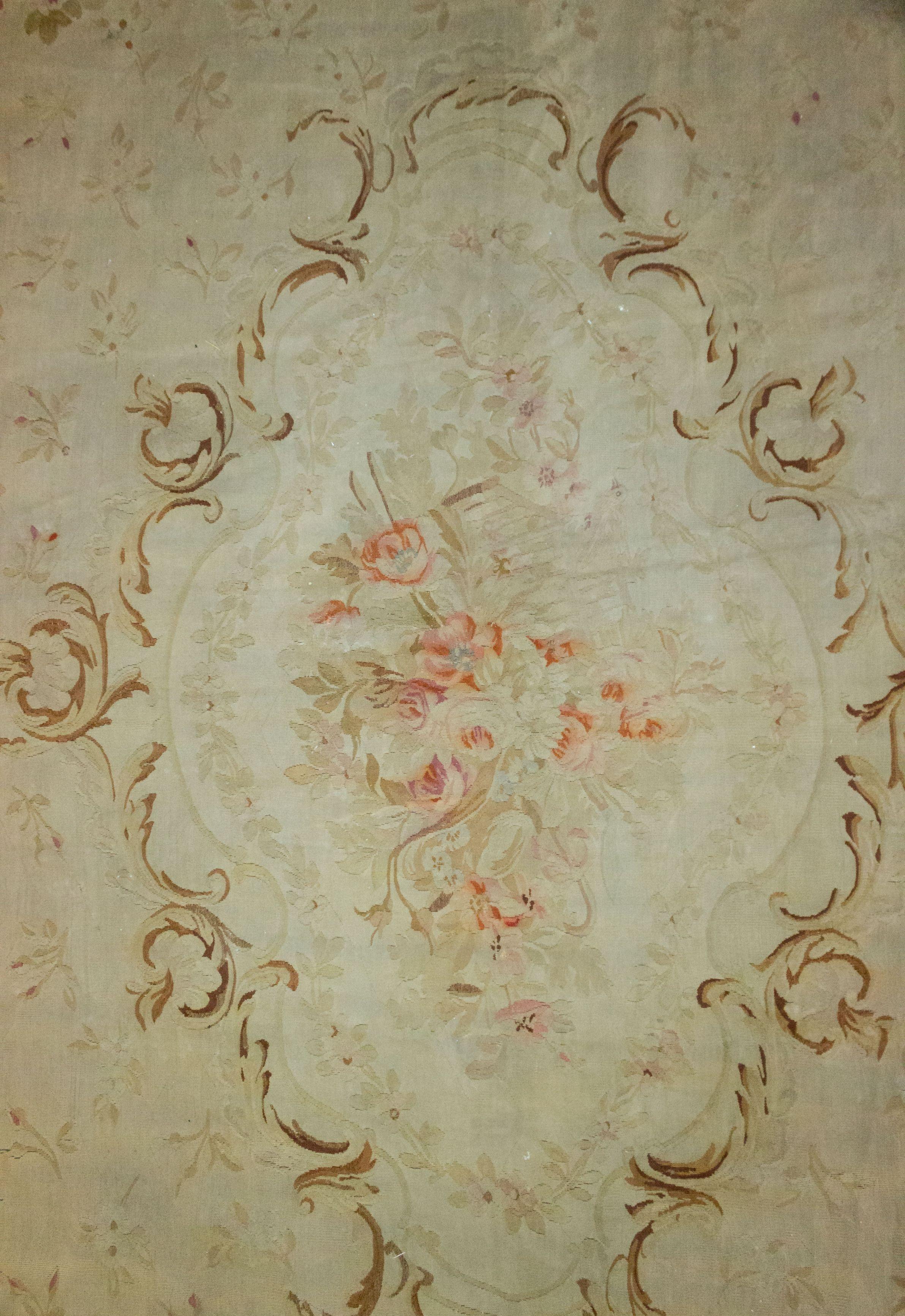 French Aubusson Beige Floral Rug 1