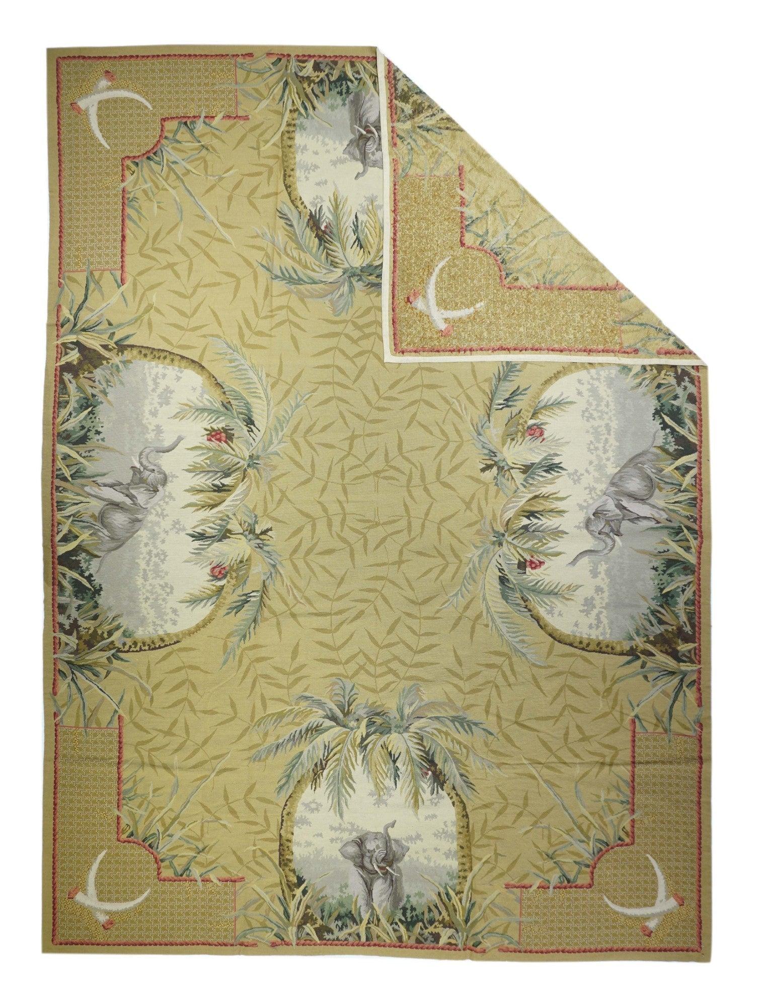 French Aubusson Design Rug 10' x 14'. Usually English or French, often with repeating allover designs executed with wool cross-stitches. Larger carpets are workshop productions, smaller pieces have a single artisan author.  Flat weave texture,