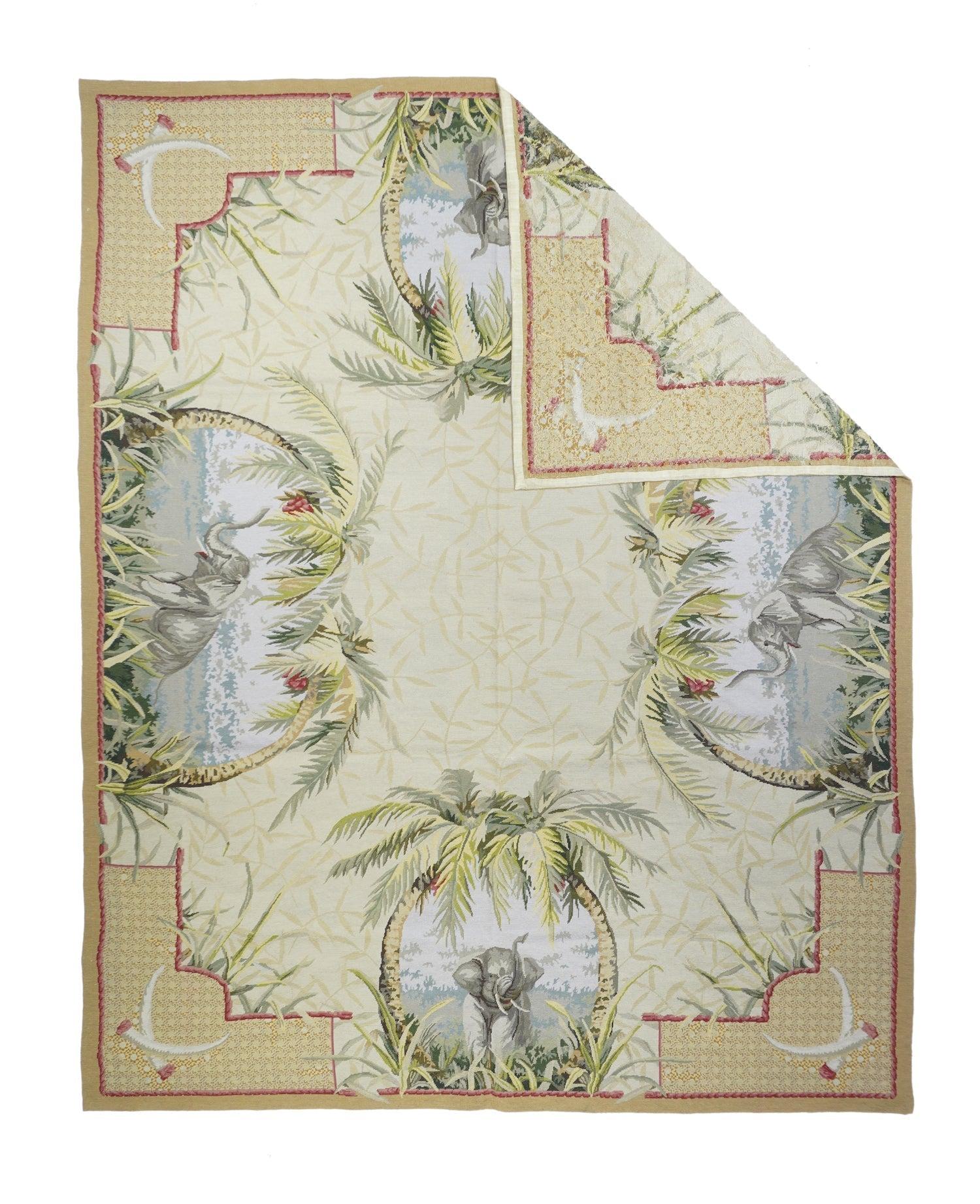 French Aubusson Design Rug 7'10'' x 9'11''. The near black field explodes with six large tropical flower and giant leaf roundels enclosing colorful birds; and two smaller end reserves enclosing tropical scenery vignettes. Palm trees float in the
