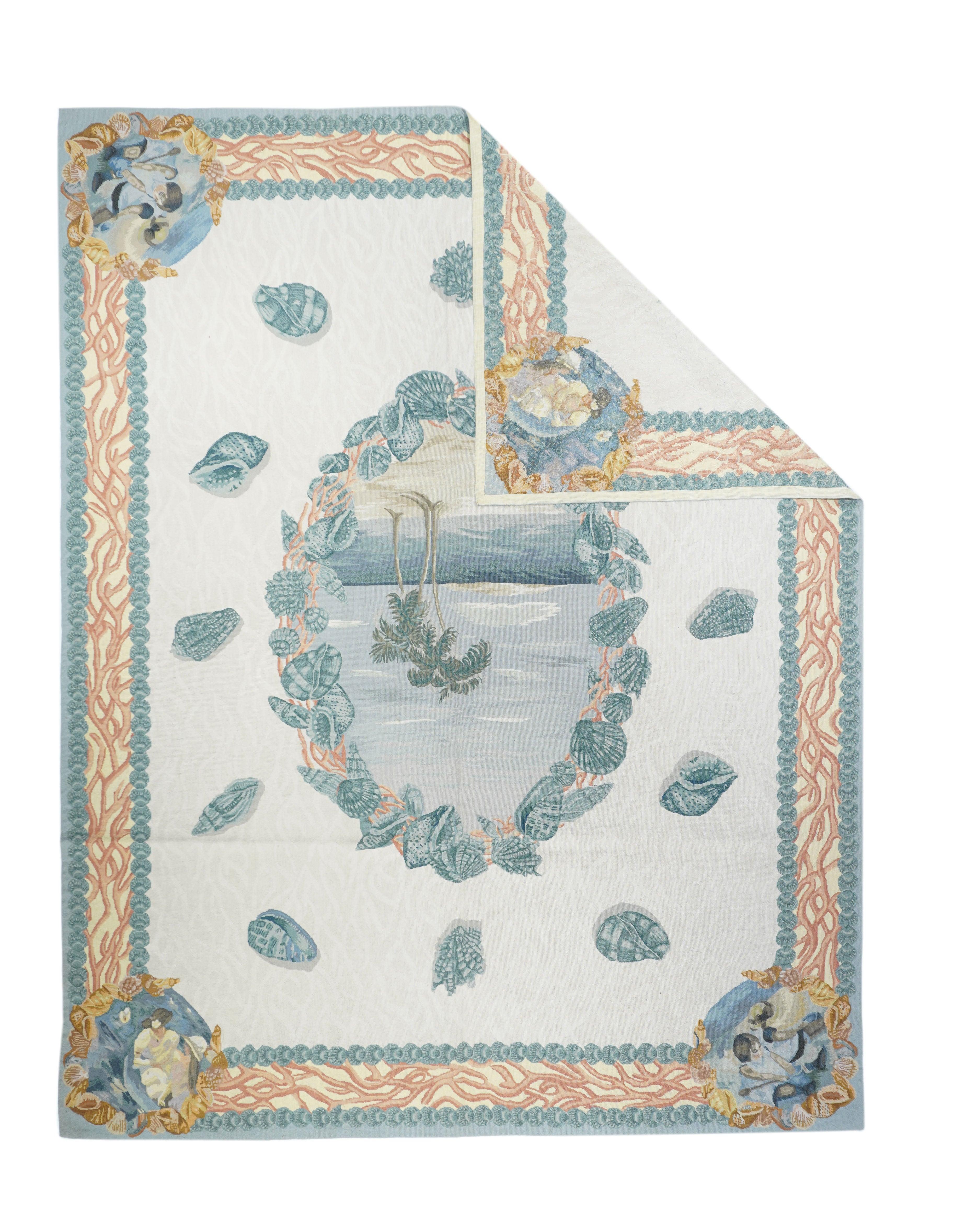 Französischer Aubusson Design-Teppich 7'10'' x 9'11''. Bezieht sich im Allgemeinen auf moderne Teppiche in Gobelintechnik, die von französischen Aubusson-Mustern aus dem 18. und späteren Jahrhunderten inspiriert sind.  Geometrisch oder halbblumig.