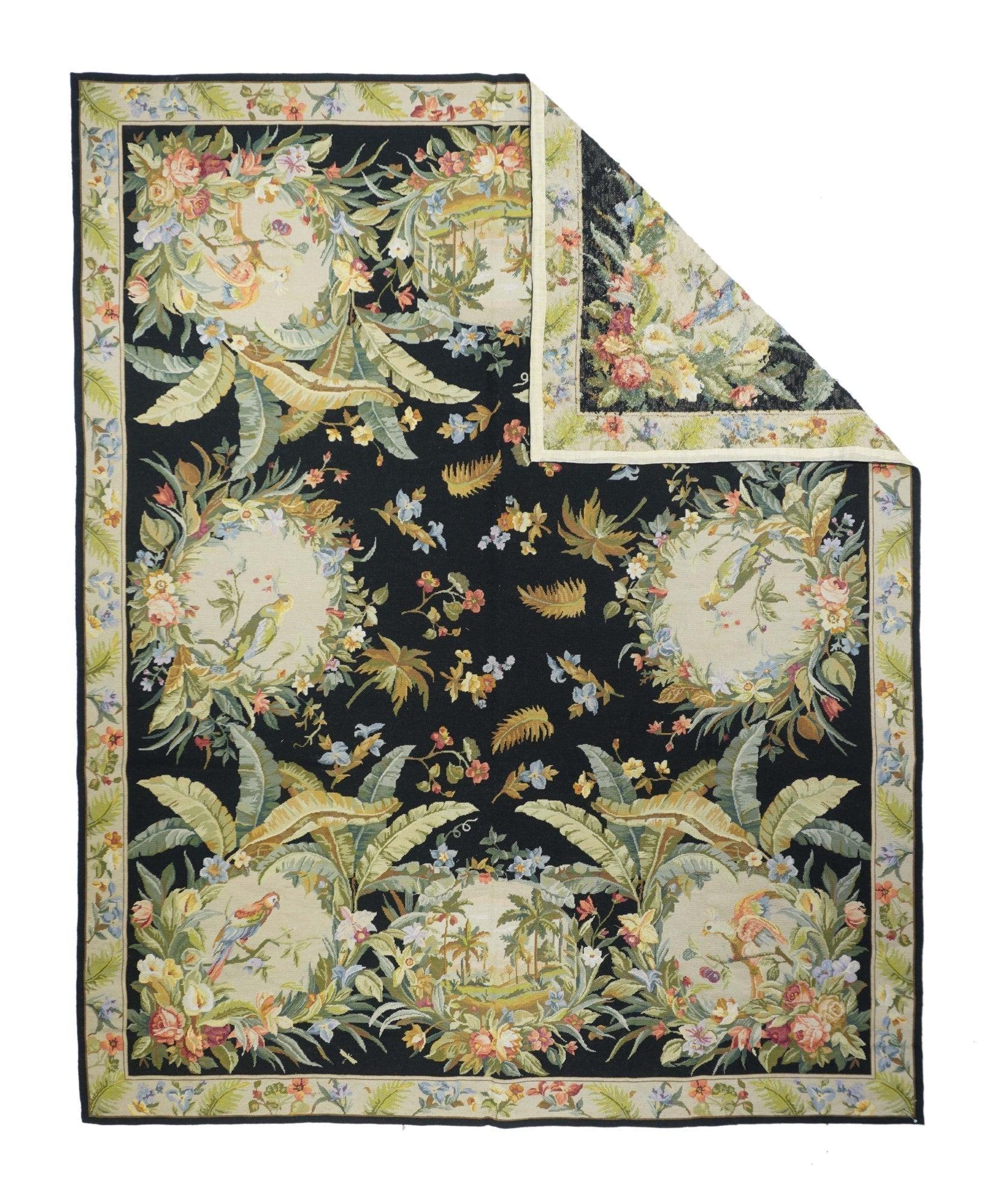 French Aubusson Design Rug 8' x 10'. Usually English or French, often with repeating allover designs executed with wool cross-stitches. Larger carpets are workshop productions, smaller pieces have a single artisan author. Flatweave texture, without