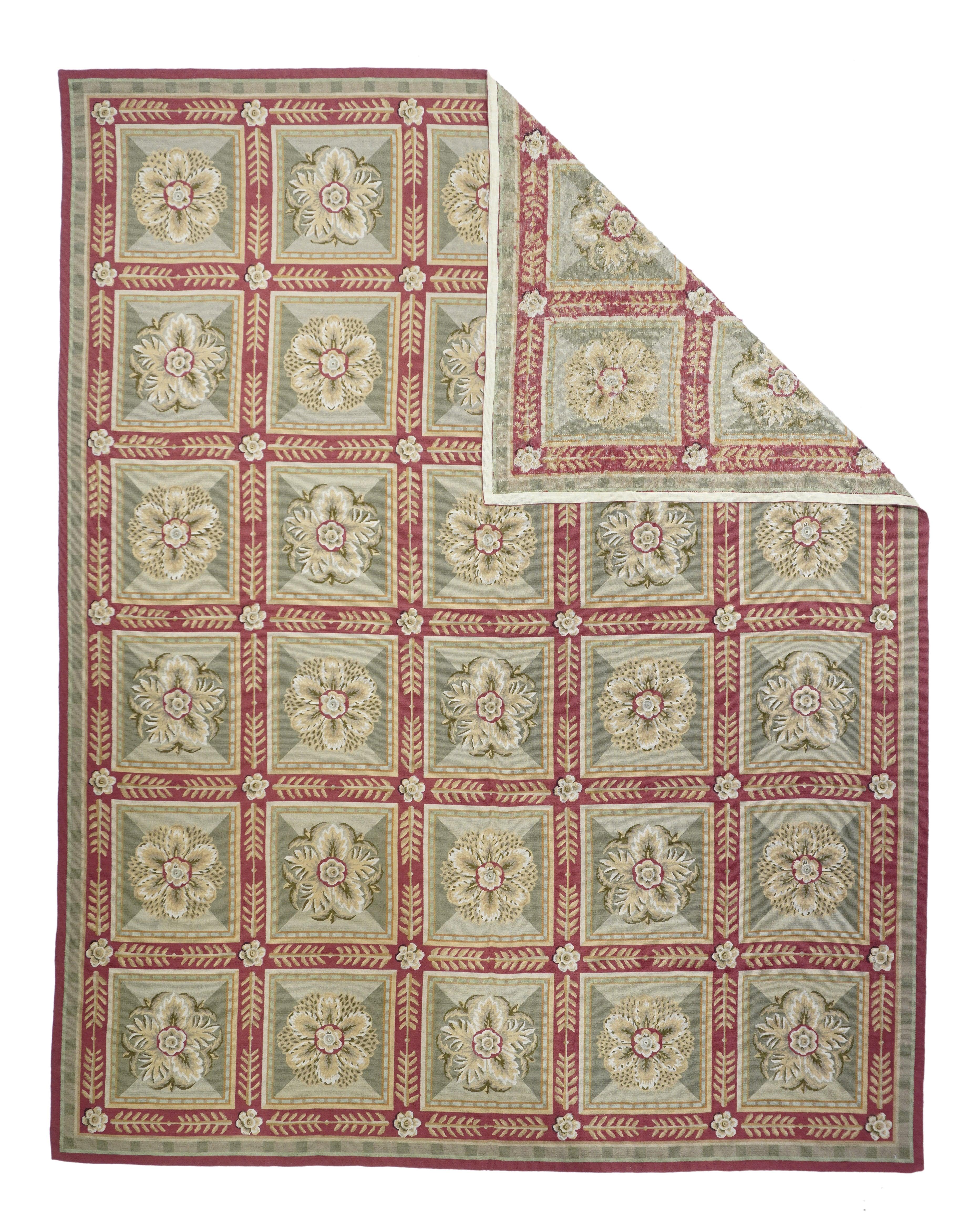 French Aubusson Design Rug 8' x 10'. Usually English or French, often with repeating allover designs executed with wool cross-stitches. Larger carpets are workshop productions, smaller pieces have a single artisan author. Flatweave texture, without