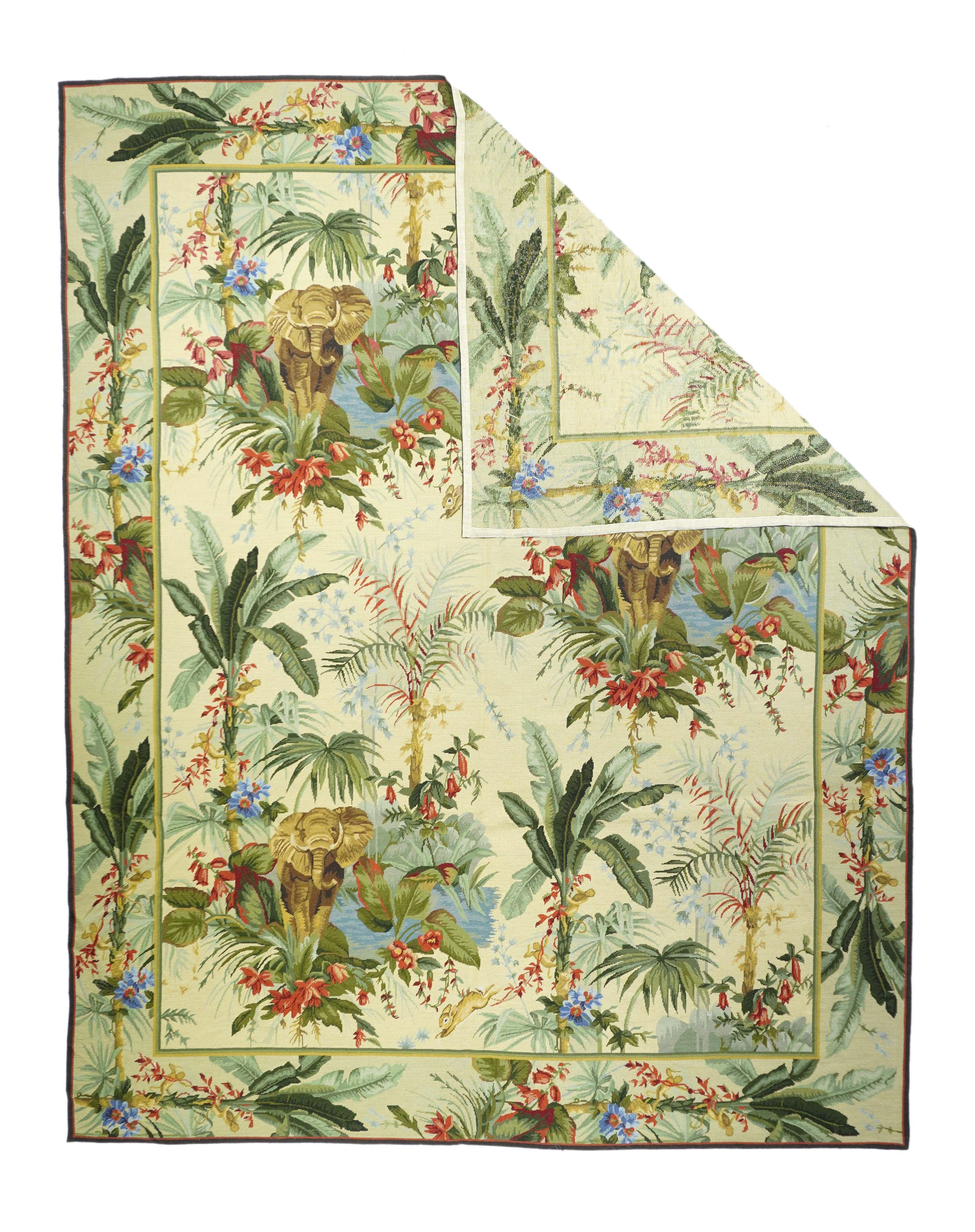 French Aubusson Design Rug 8' x 10'. Usually English or French, often with repeating allover designs executed with wool cross-stitches. Larger carpets are workshop productions, smaller pieces have a single artisan author. Flatweave texture, without